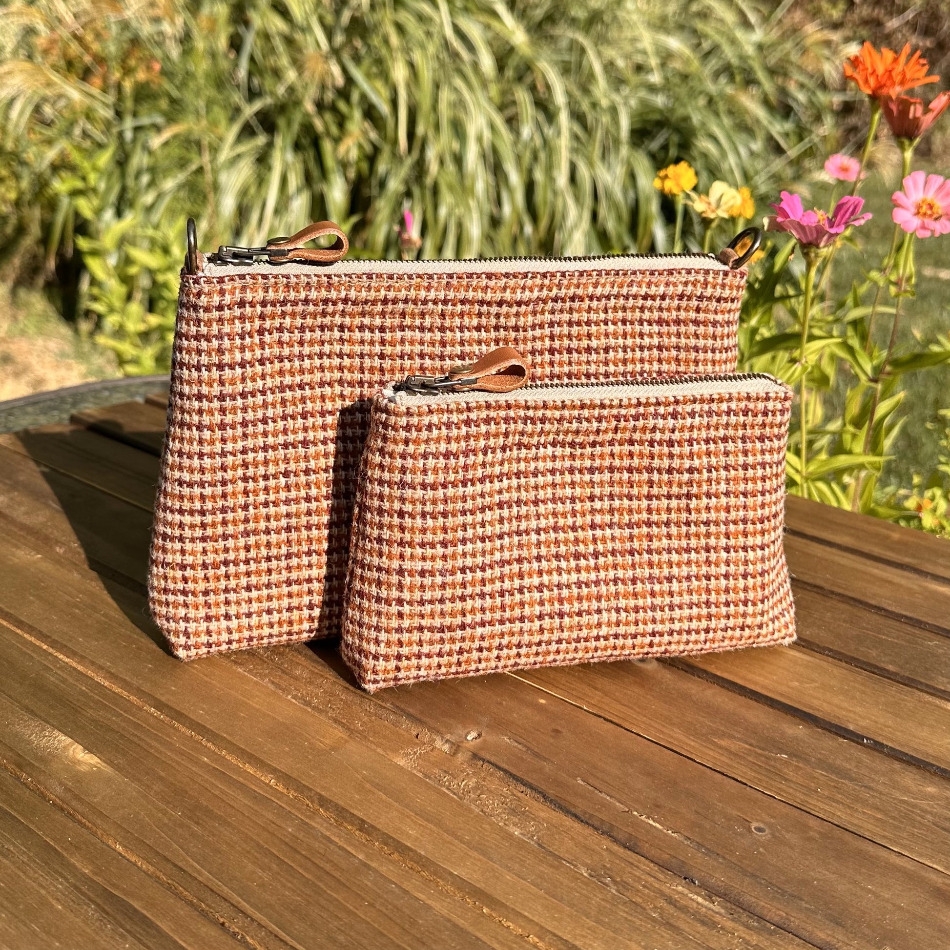 Harris Tweed® Shelly Pouch Fawn Burgundy and Amber Harris Tweed® SquiresCanvasCreations.com
