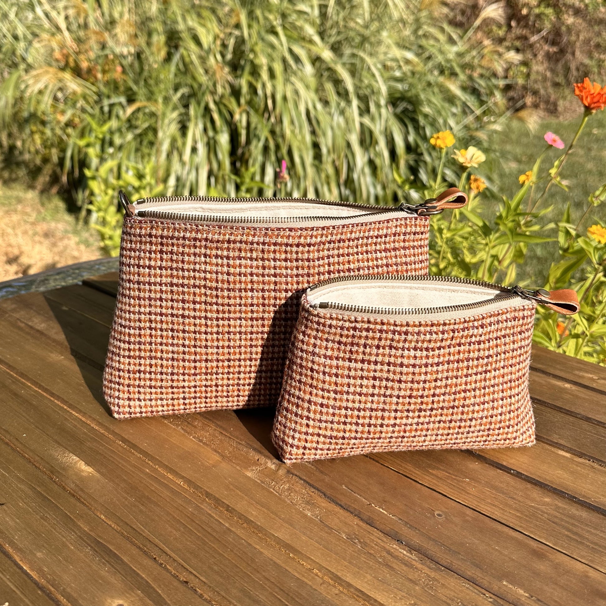 Harris Tweed® Shelly Pouch Fawn Burgundy and Amber Harris Tweed® SquiresCanvasCreations.com