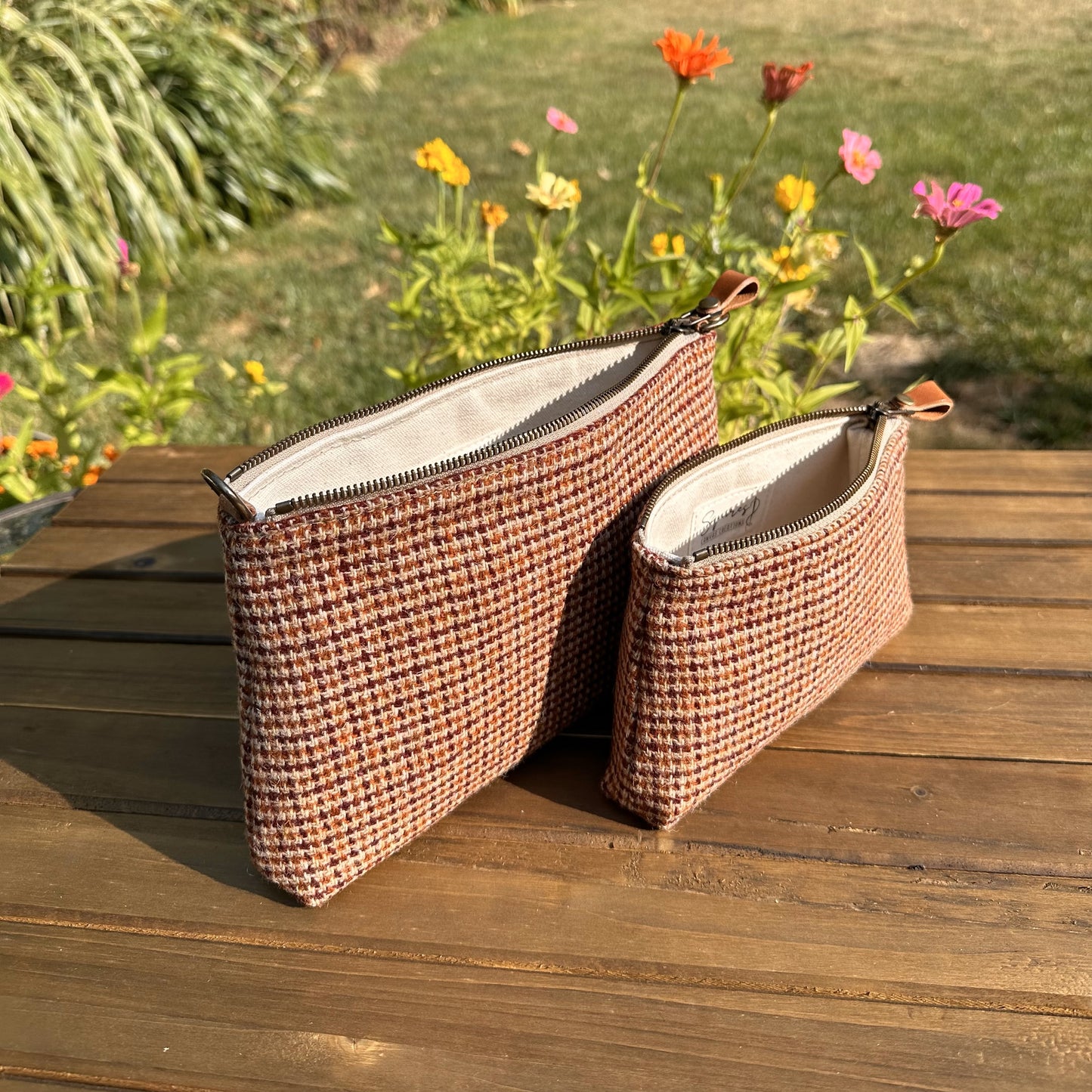 Harris Tweed® Shelly Pouch Fawn Burgundy and Amber Harris Tweed® SquiresCanvasCreations.com
