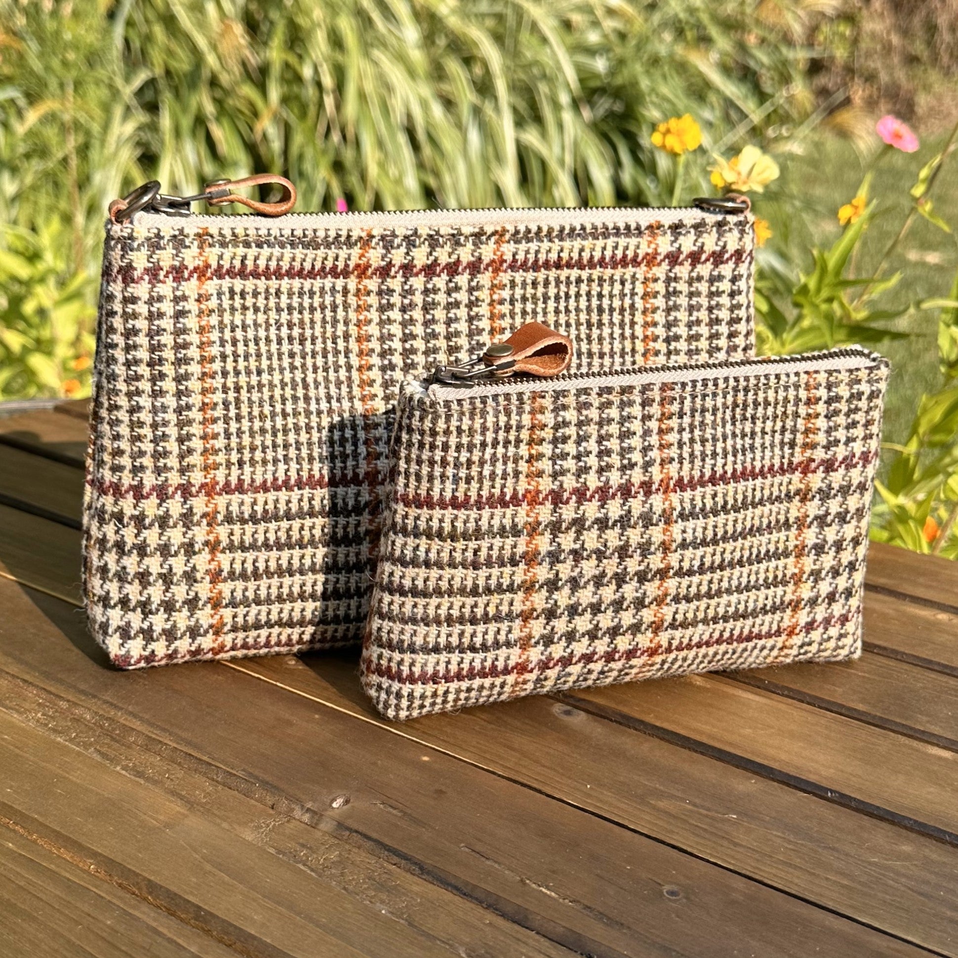 Harris Tweed® Shelly Pouch Brown and Beige Glen Check Plaid Harris Tweed® SquiresCanvasCreations.com