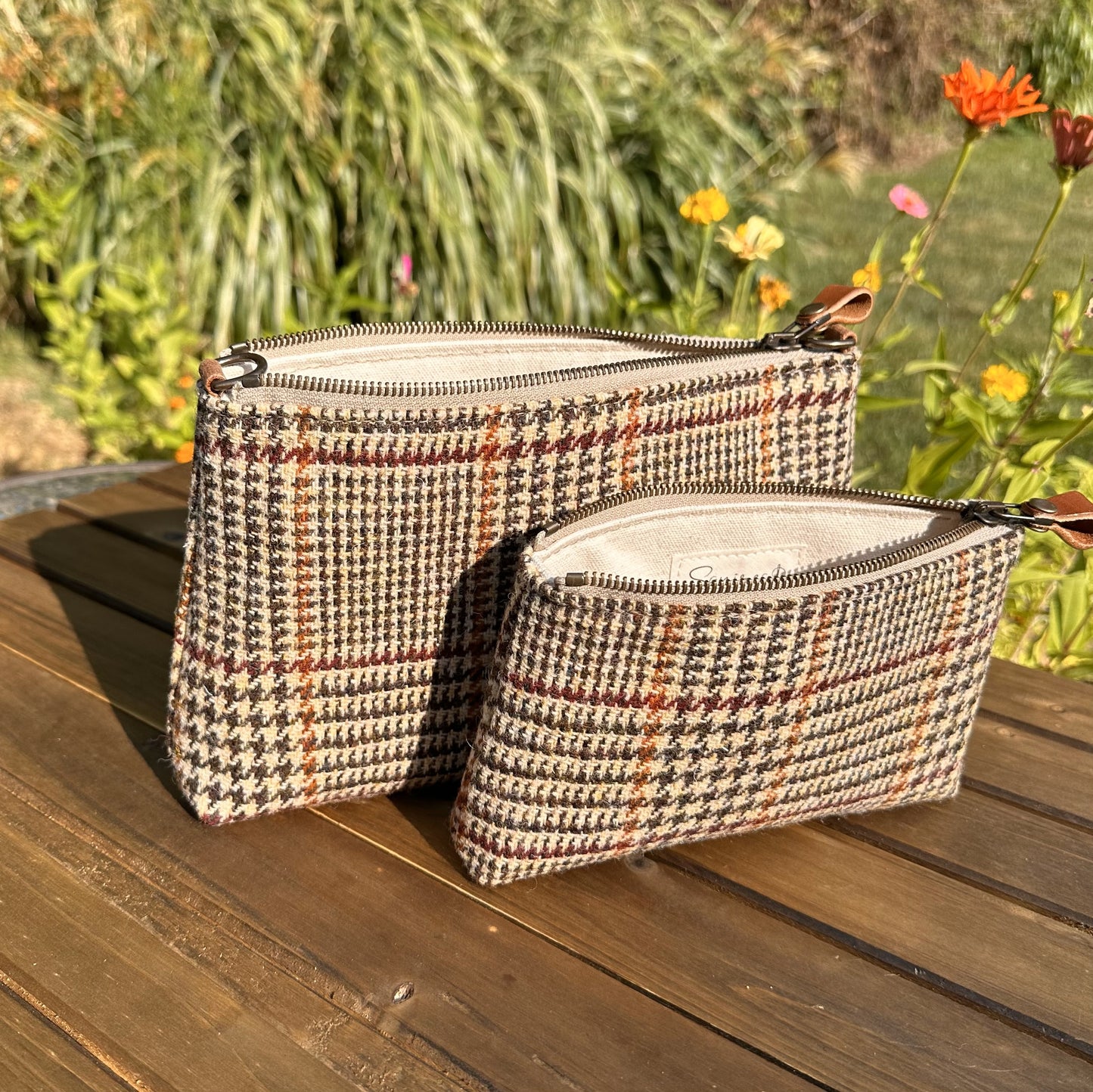 Harris Tweed® Shelly Pouch Brown and Beige Glen Check Plaid Harris Tweed® SquiresCanvasCreations.com