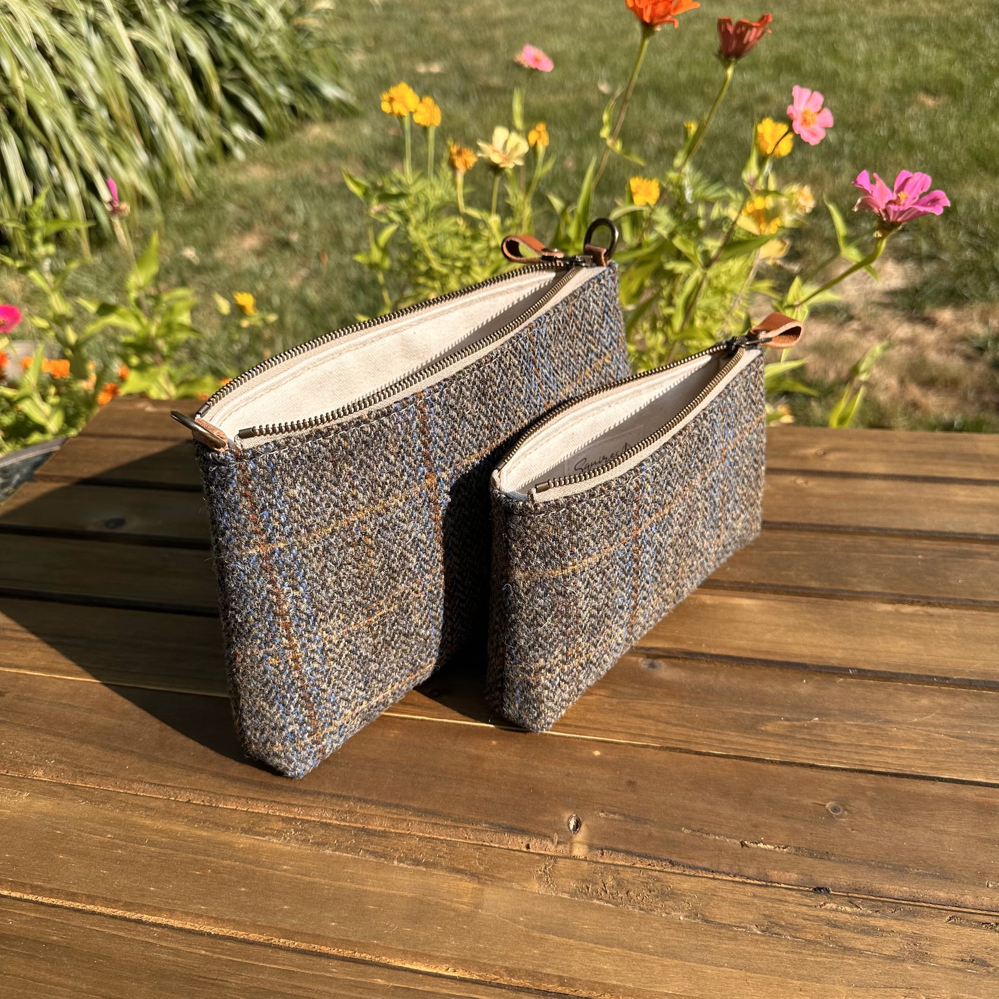 Harris Tweed® Shelly Pouch Green Mix Herringbone with Blue & Gold Overcheck Harris Tweed® SquiresCanvasCreations.com