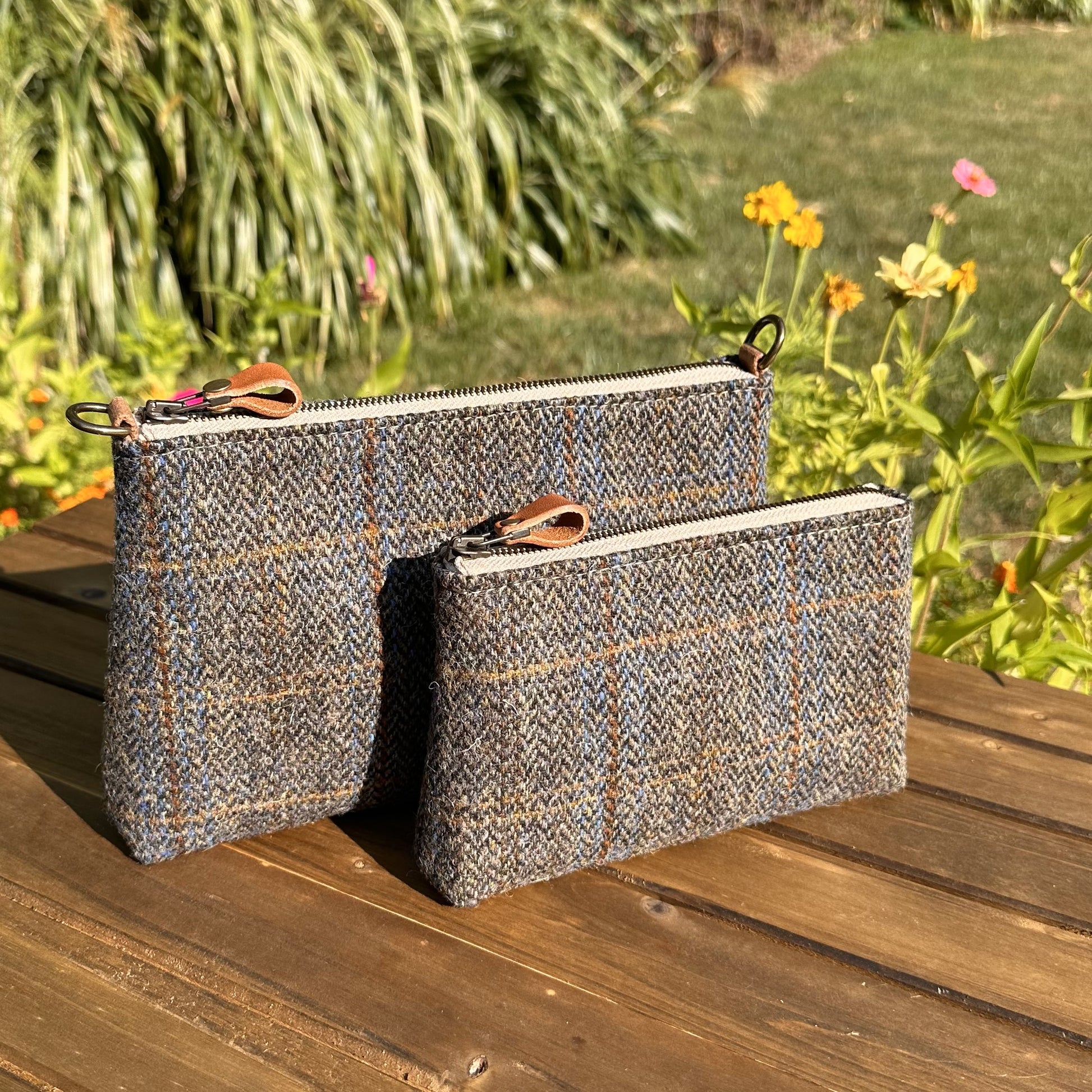 Harris Tweed® Shelly Pouch Green Mix Herringbone with Blue & Gold Overcheck Harris Tweed® SquiresCanvasCreations.com