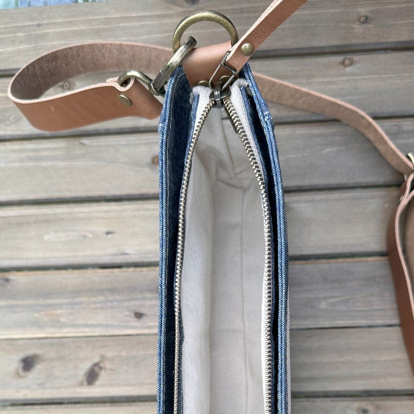 Denim Waxed Linen with Antique Brass Hardware Parish Creek Crossbody squirescanvascreations.com