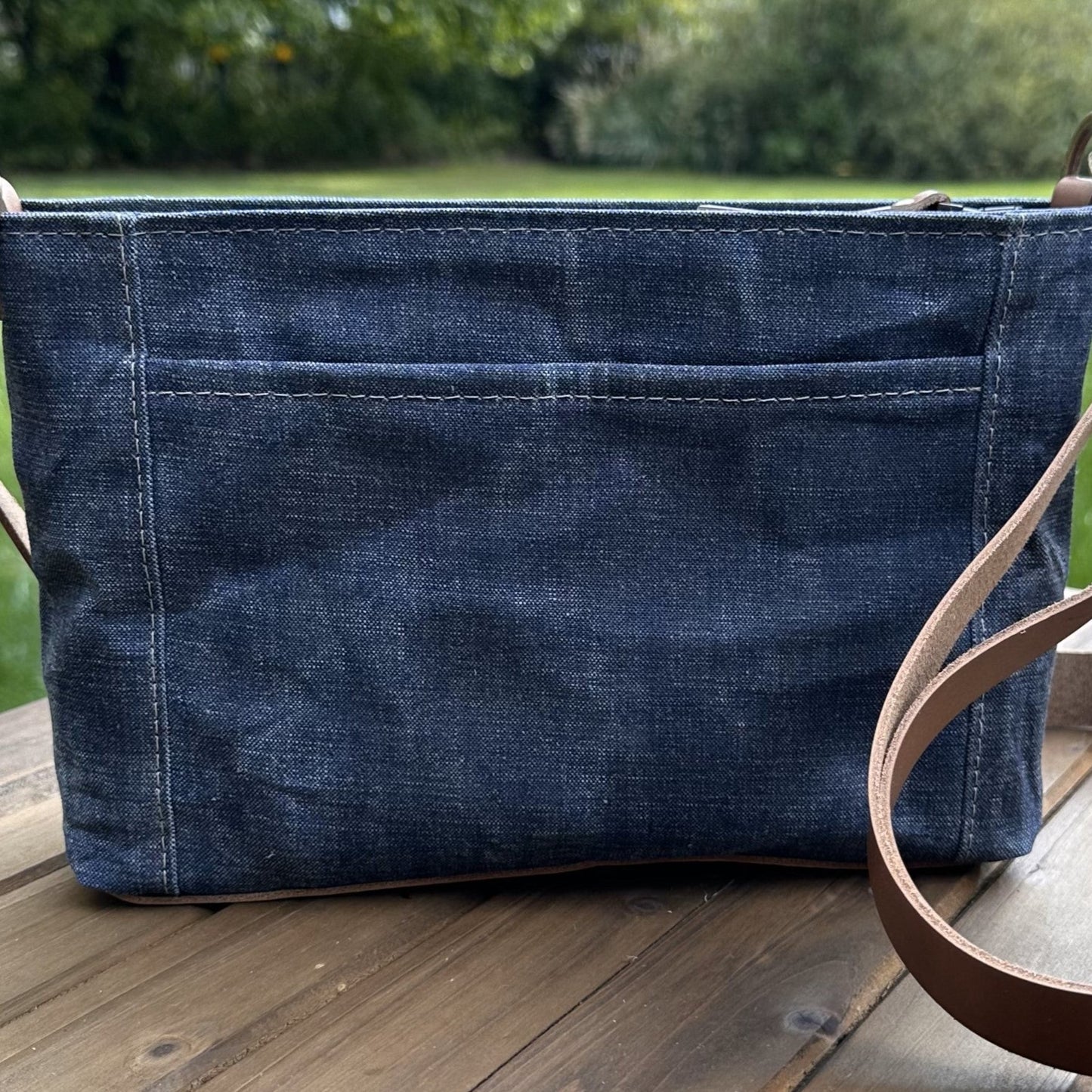 Denim Waxed Linen with Antique Brass Hardware Parish Creek Crossbody squirescanvascreations.com