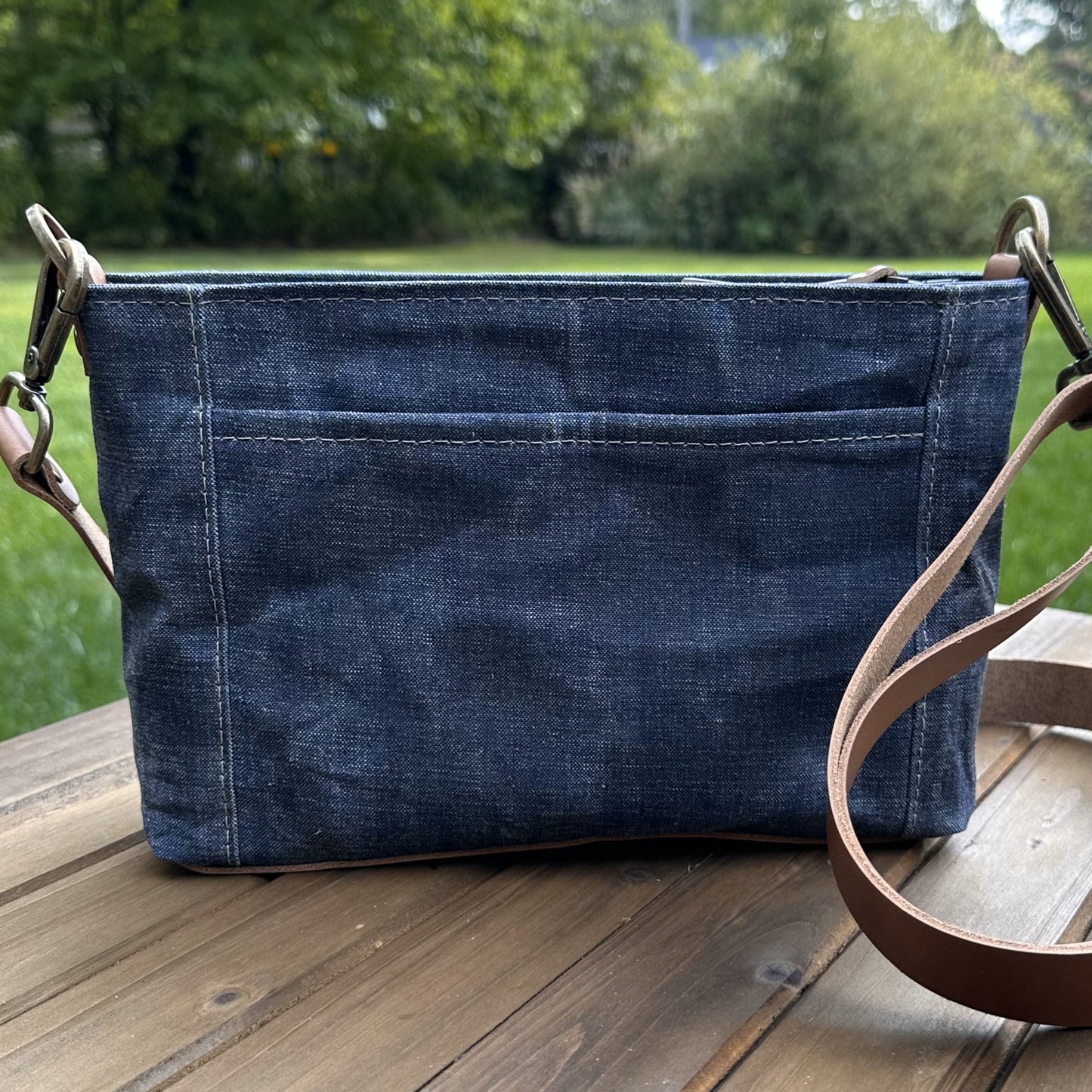 Denim Waxed Linen with Antique Brass Hardware Parish Creek Crossbody squirescanvascreations.com