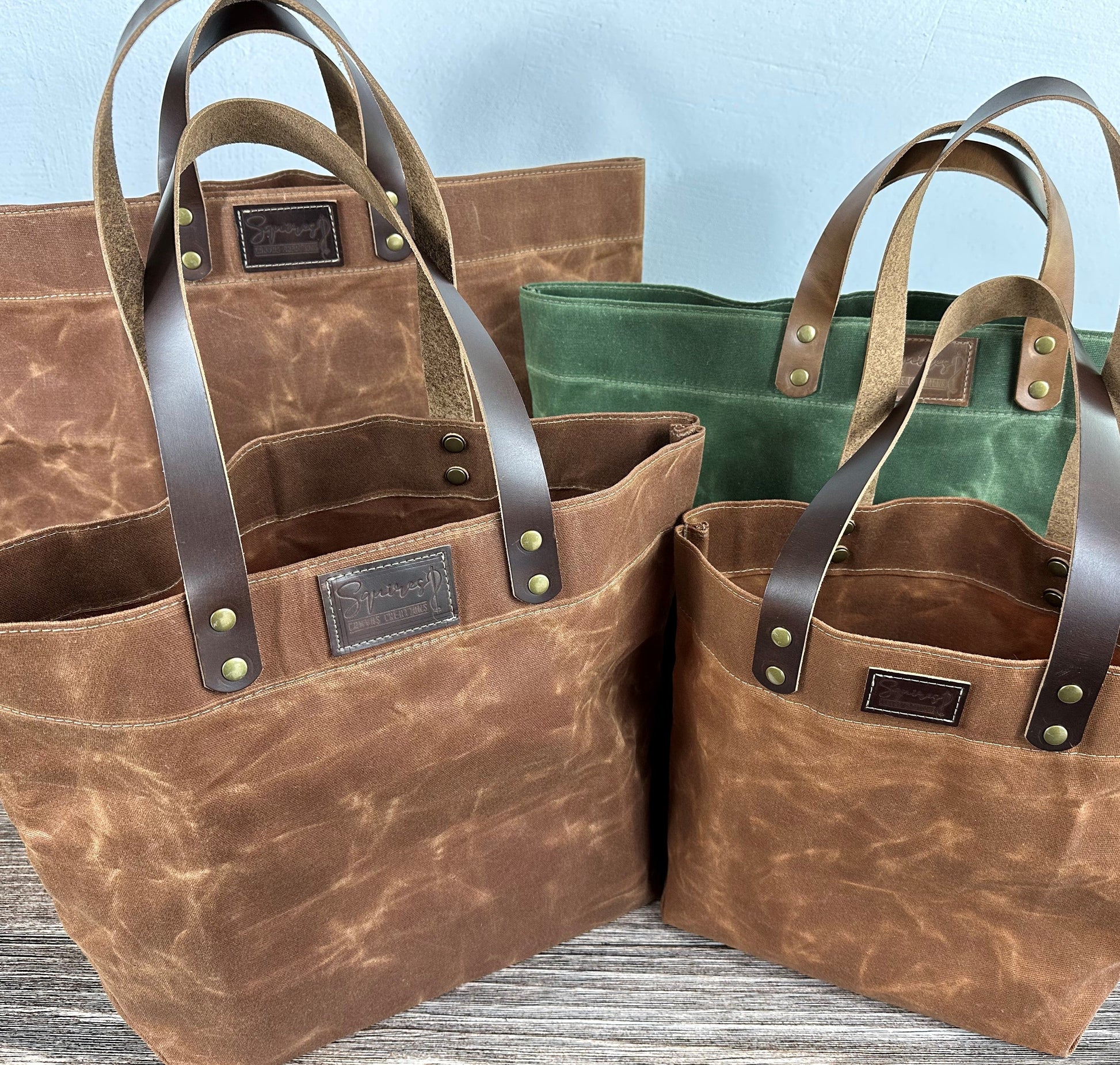 Waxed Canvas with Leather with Antique Brass Hardware Chesapeake Market Tote squirescanvascreations