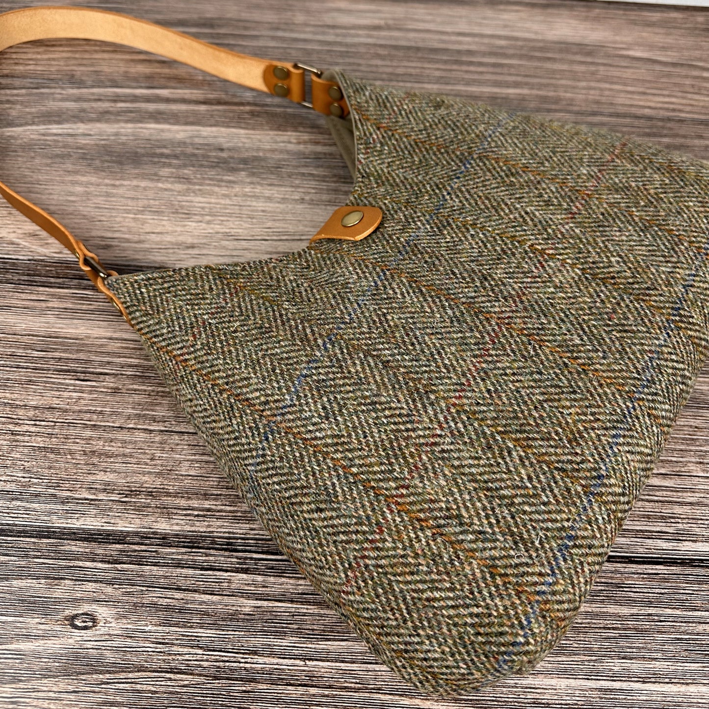 Green Mix Herringbone with blue and gold overcheck Harris Tweed® Rhode River Shoulder Bag with Biscuit Italian Leather and Antique Brass Hardware SquiresCanvasCreations.com