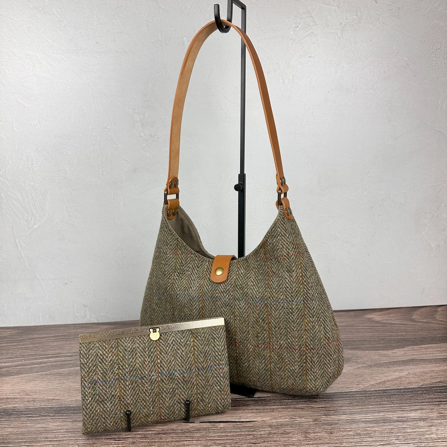 Green Mix Herringbone with blue and gold overcheck Harris Tweed® Rhode River Shoulder Bag with Biscuit Italian Leather and Antique Brass Hardware  SquiresCanvasCreations.com