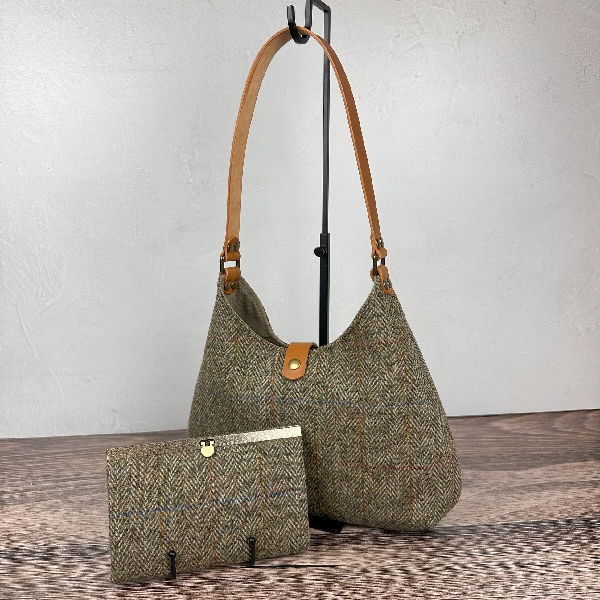 Green Mix Herringbone with blue and gold overcheck Harris Tweed® Rhode River Shoulder Bag with Biscuit Italian Leather and Antique Brass Hardware  SquiresCanvasCreations.com