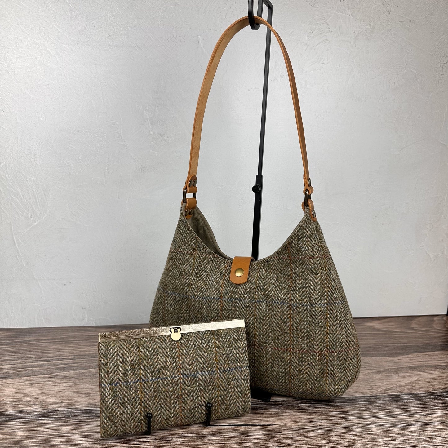 Green Mix Herringbone with blue and gold overcheck Harris Tweed® Rhode River Shoulder Bag with Biscuit Italian Leather and Antique Brass Hardware  SquiresCanvasCreations.com