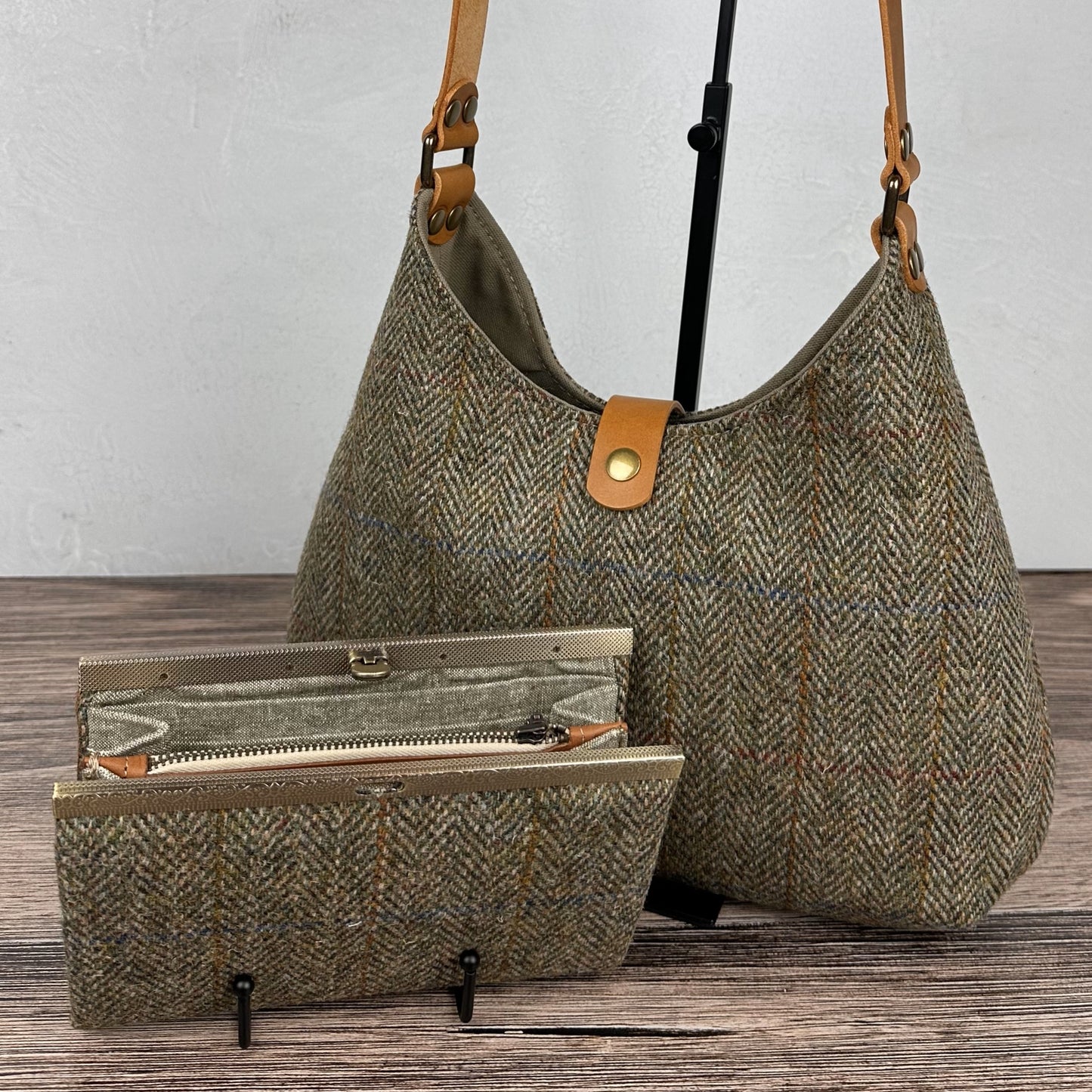 Green Mix Herringbone with blue and gold overcheck Harris Tweed® Rhode River Shoulder Bag with Biscuit Italian Leather and Antique Brass Hardware SquiresCanvasCreations.com