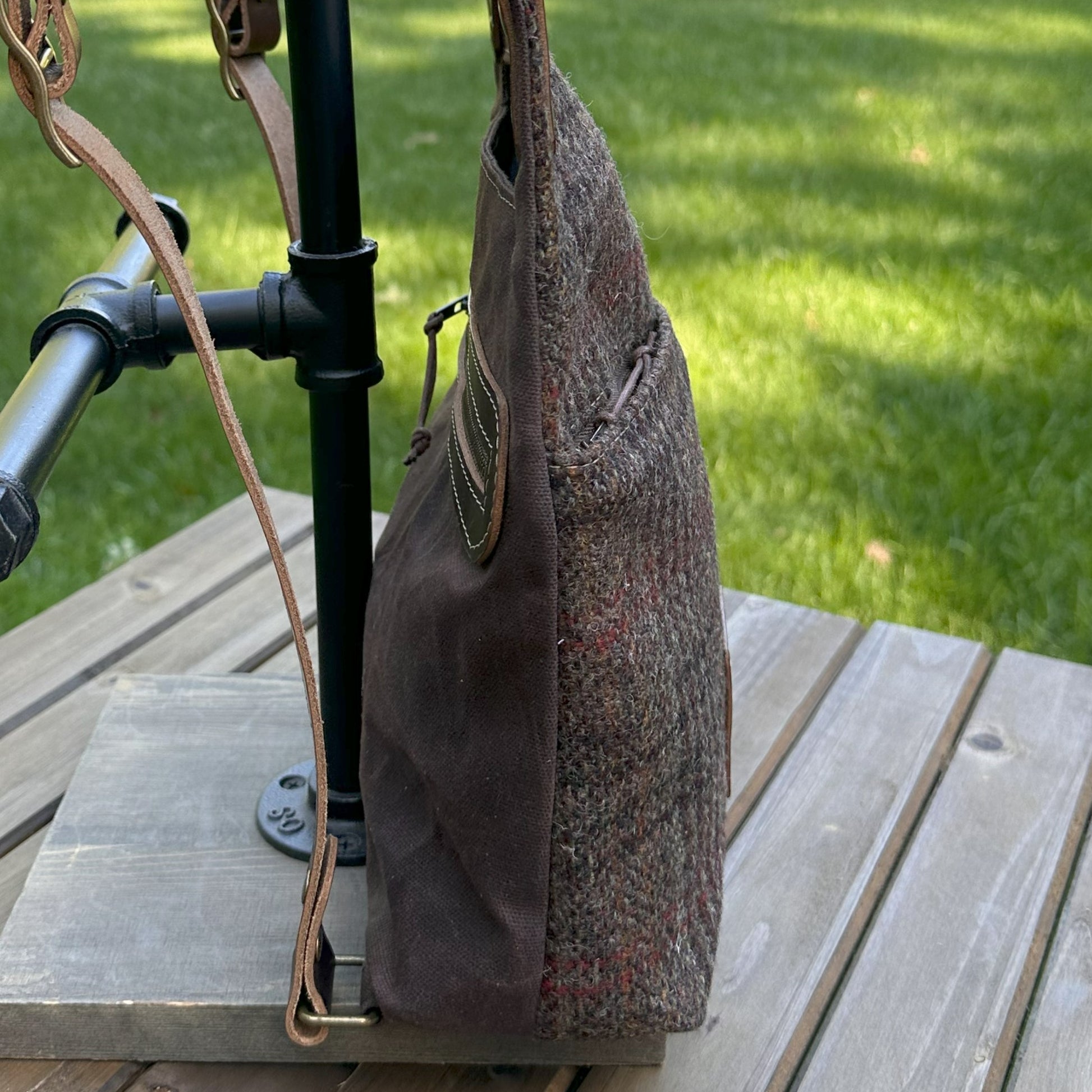 Dark Brown Plaid Harris Tweed® and Dark Brown Waxed Canvas back with Solid Brass Hardware Harris Tweed® Eastport Backpack squirescanvascreations.com