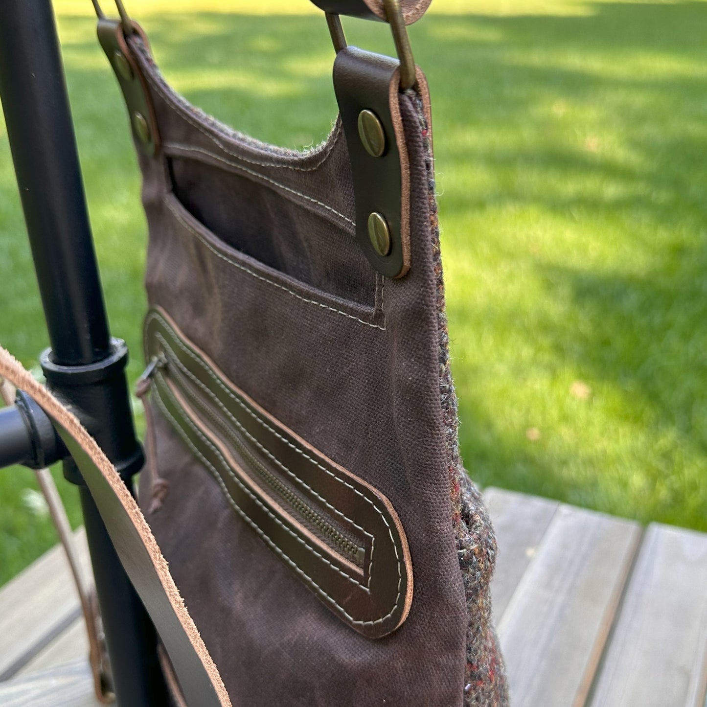 Dark Brown Plaid Harris Tweed® and Dark Brown Waxed Canvas back with Solid Brass Hardware Harris Tweed® Eastport Backpack squirescanvascreations.com