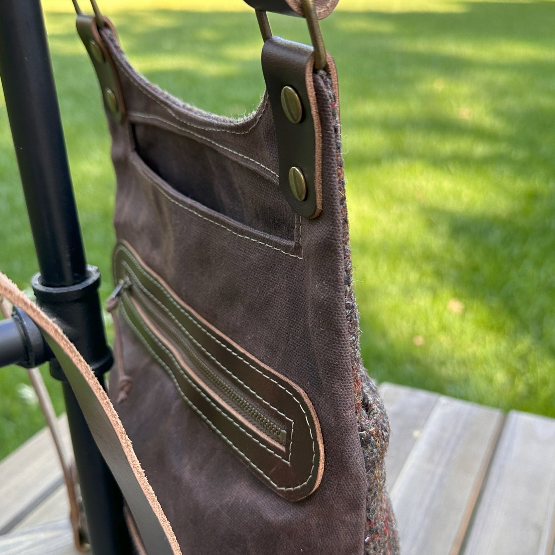 Dark Brown Plaid Harris Tweed® and Dark Brown Waxed Canvas back with Solid Brass Hardware Harris Tweed® Eastport Backpack squirescanvascreations.com