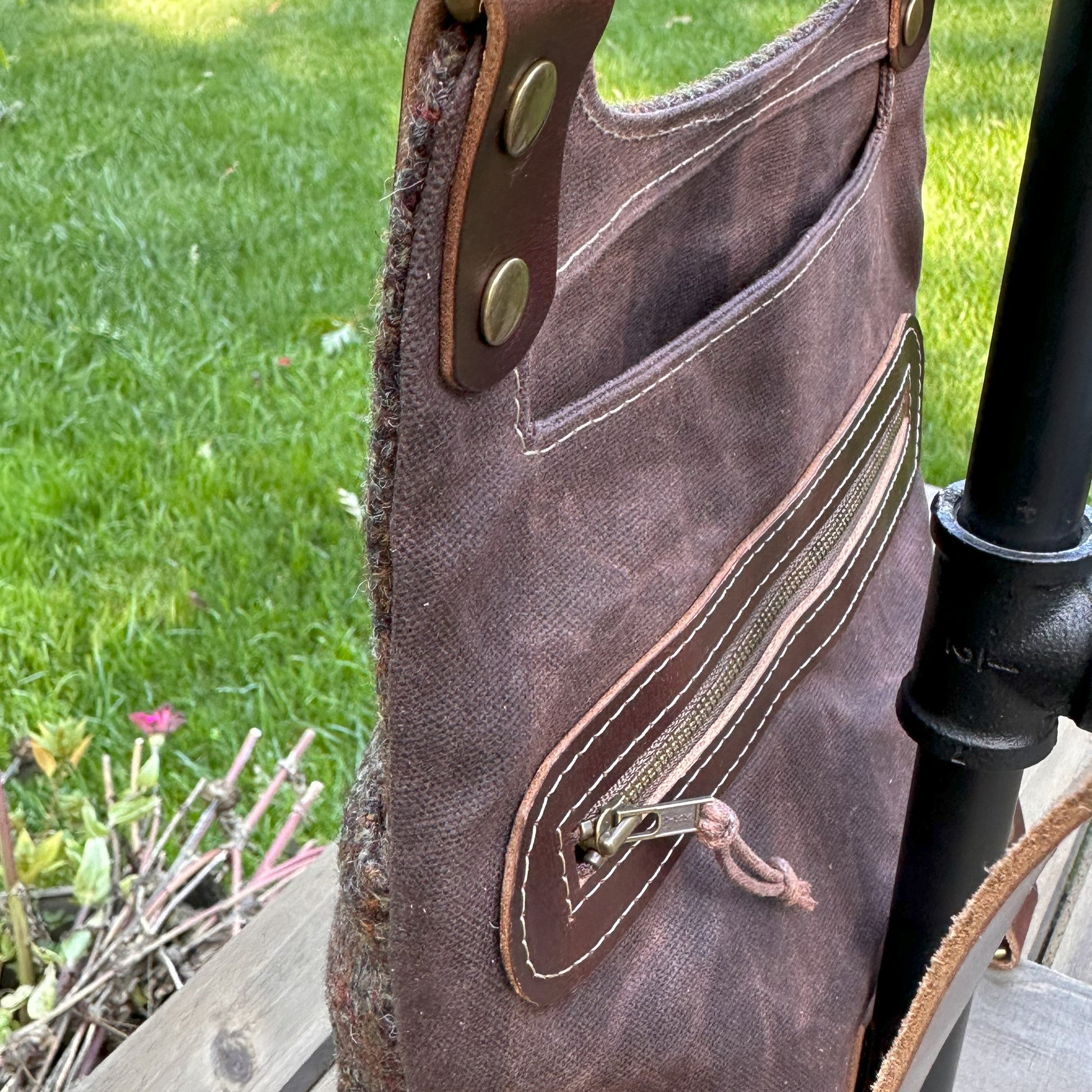 Dark Brown Plaid Harris Tweed® and Dark Brown Waxed Canvas back with Solid Brass Hardware Harris Tweed® Eastport Backpack squirescanvascreations.com