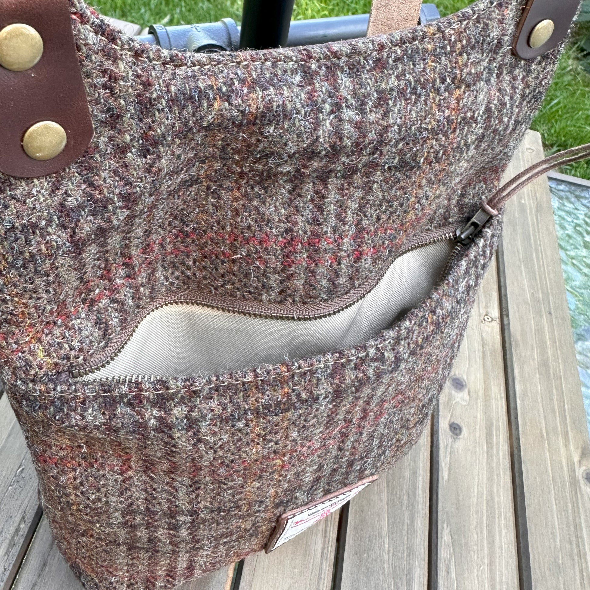 Dark Brown Plaid Harris Tweed® and Dark Brown Waxed Canvas back with Solid Brass Hardware Harris Tweed® Eastport Backpack squirescanvascreations.com