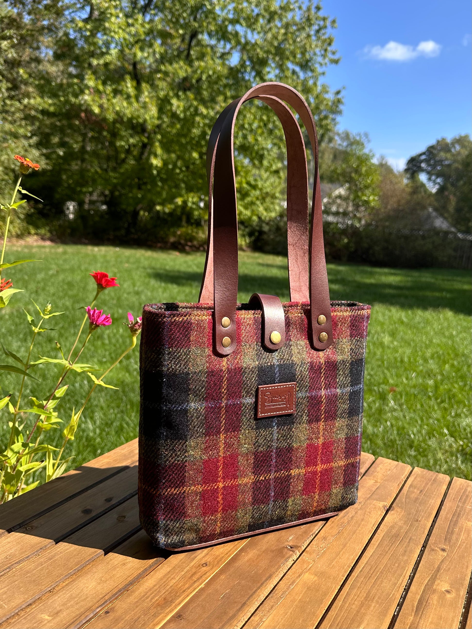 Harris Tweed® Tote Green Red and Black Harris Tweed® with Dublin Brown Nut Leather and Antique Brass Hardware SquiresCanvasCreations.com