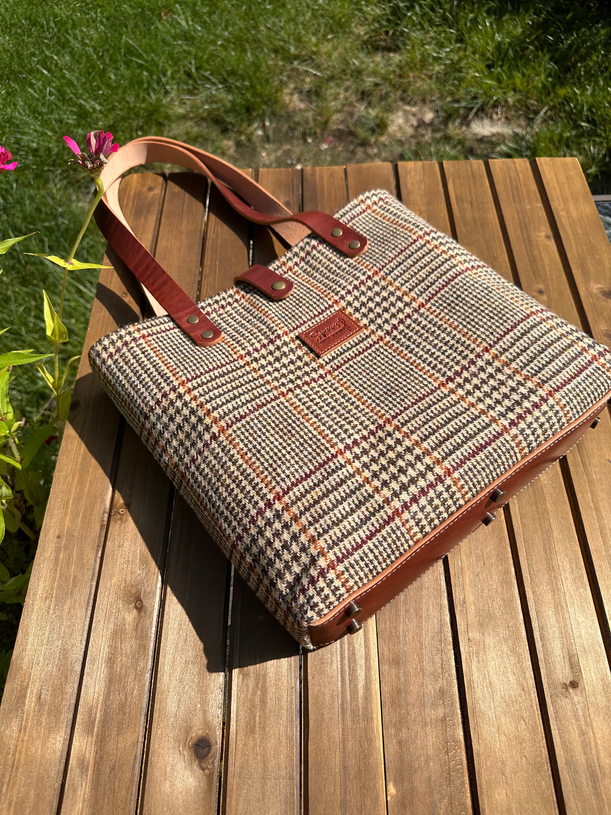 Harris Tweed® Tote Brown and Beige Glen Check Plaid Harris Tweed® with Dublin Olde English Leather and Antique Brass Hardware SquiresCanvasCreations.com