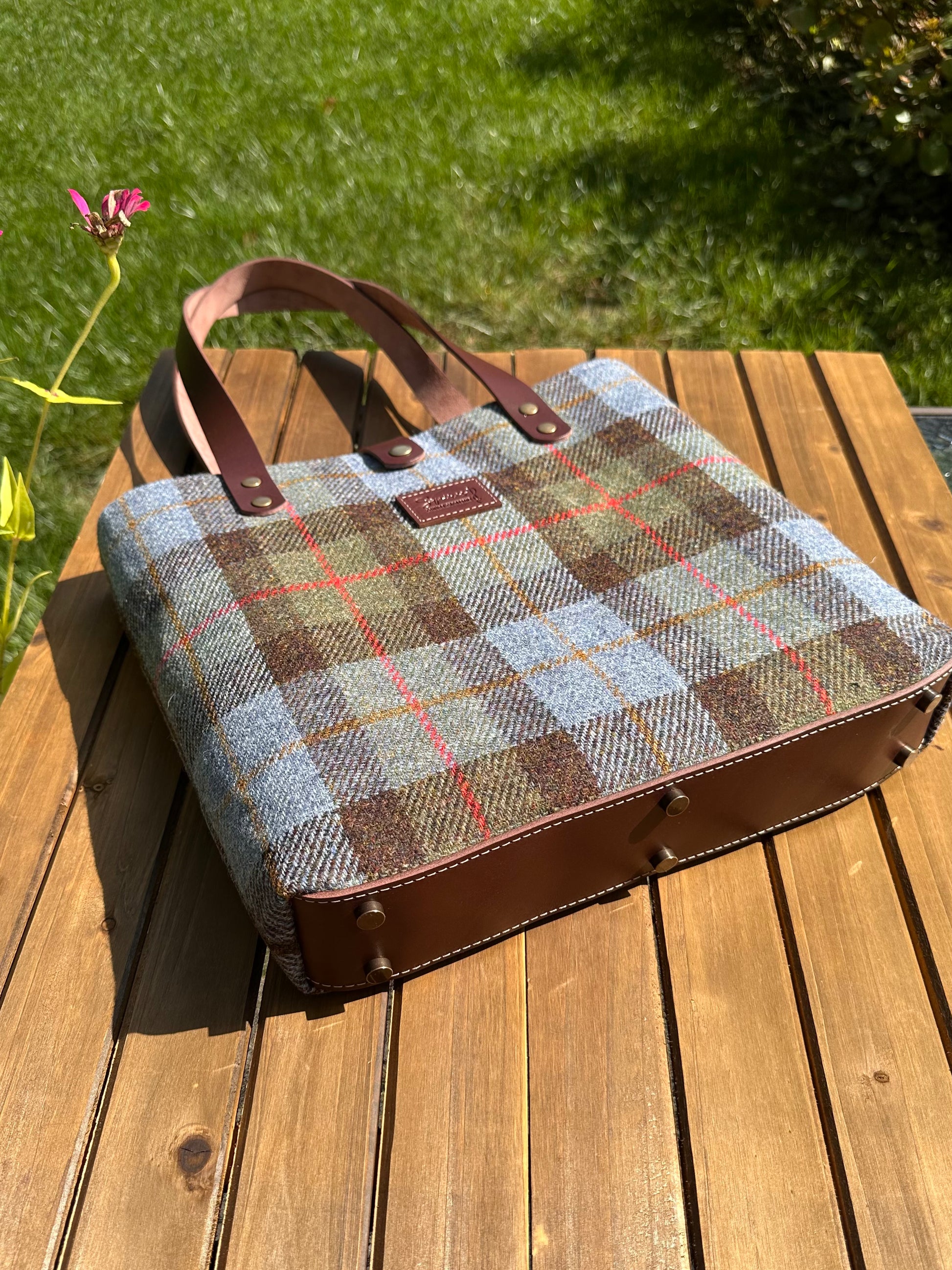 Harris Tweed® Tote Hunting Macleod Harris Tweed® with Dark Brown English Bridle Leather and Antique Brass Hardware SquiresCanvasCreations.com
