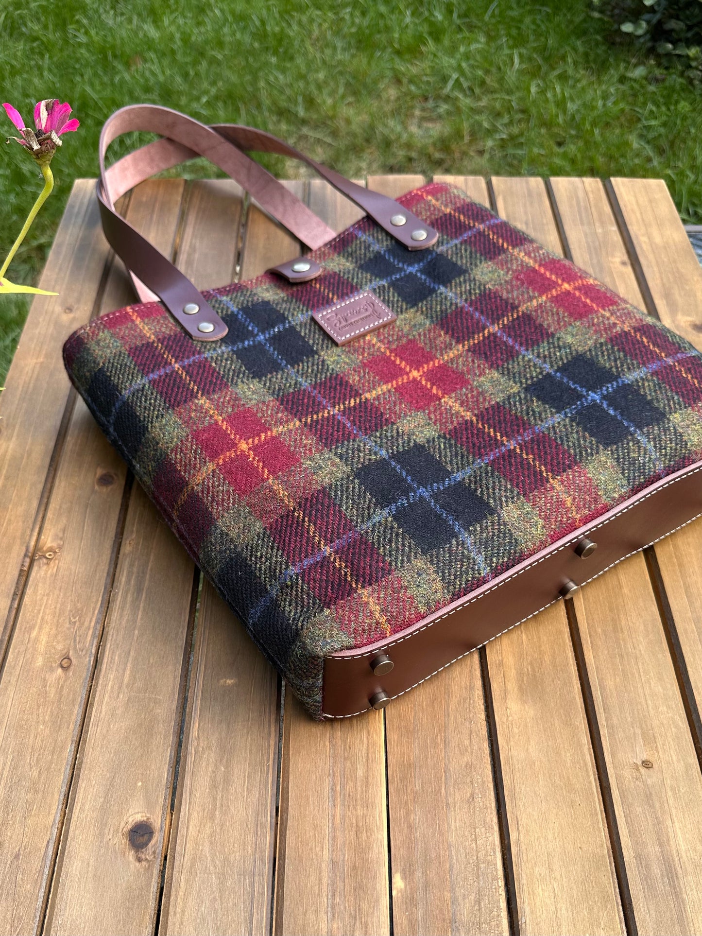 Harris Tweed® Tote Green Red and Black Harris Tweed® with Dublin Brown Nut Leather and Antique Brass Hardware SquiresCanvasCreations.com