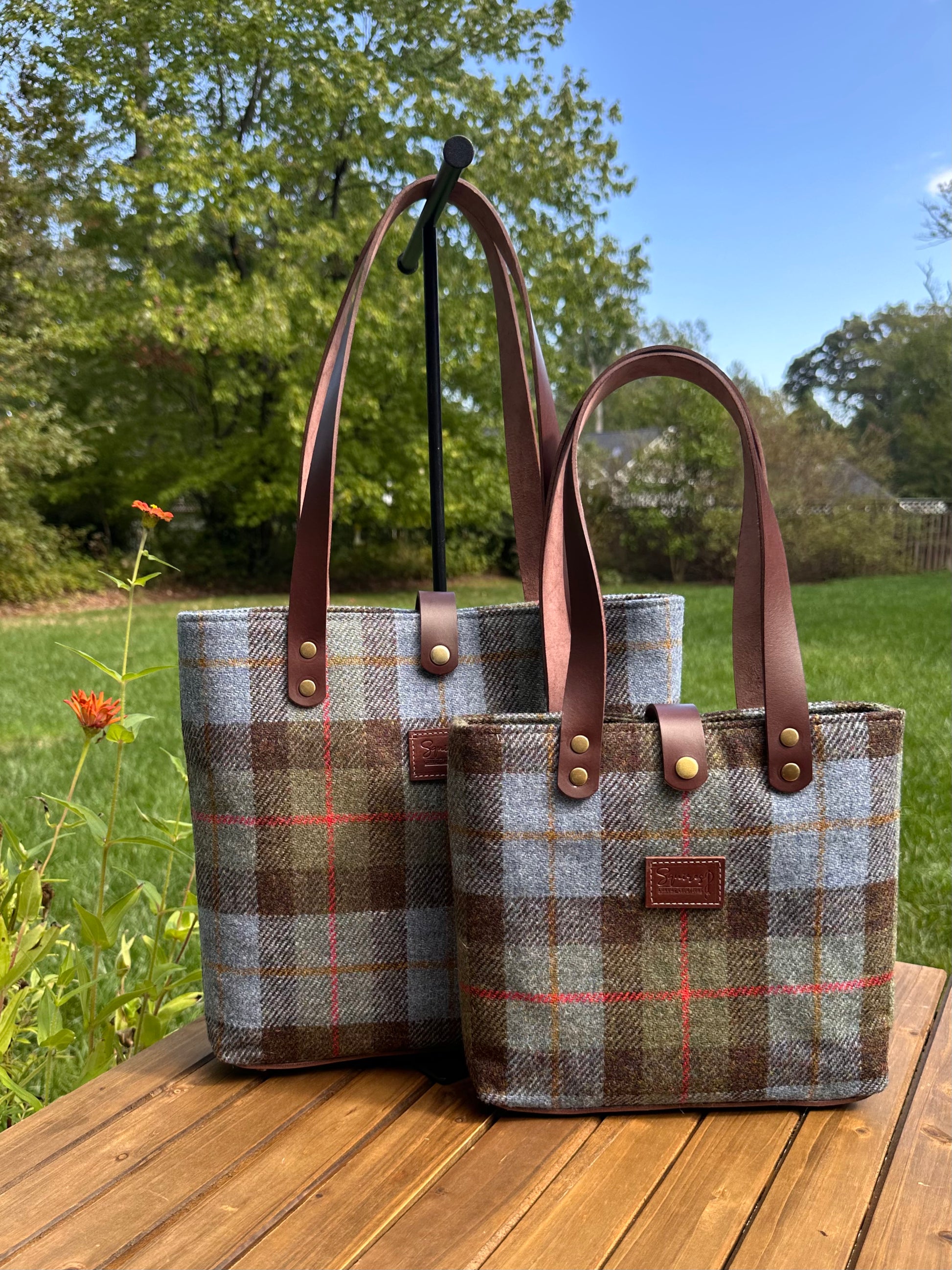 Harris Tweed® Tote Hunting Macleod Harris Tweed® with Dark Brown English Bridle Leather and Antique Brass Hardware SquiresCanvasCreations.com