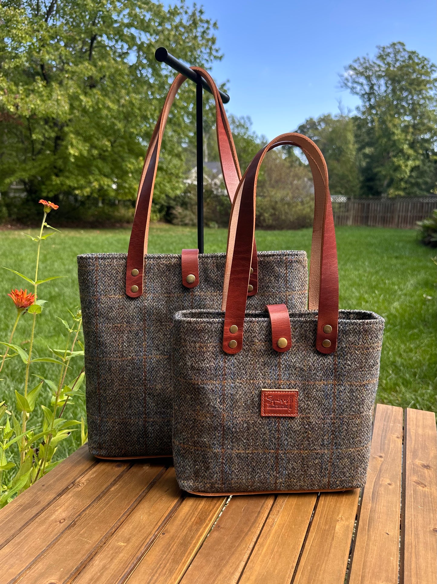 Harris Tweed® Tote Green and Blue Herringbone with Rust Overcheck Plaid Harris Tweed® with  Dublin Olde English Leather and Antique Brass Hardware SquiresCanvasCreations.com
