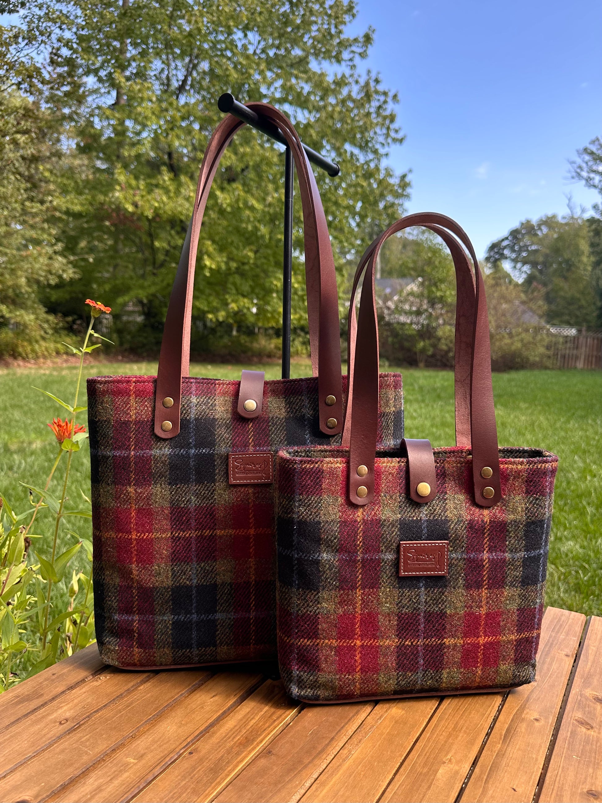 Harris Tweed® Tote Green Red and Black Harris Tweed® with Dublin Brown Nut Leather and Antique Brass Hardware SquiresCanvasCreations.com