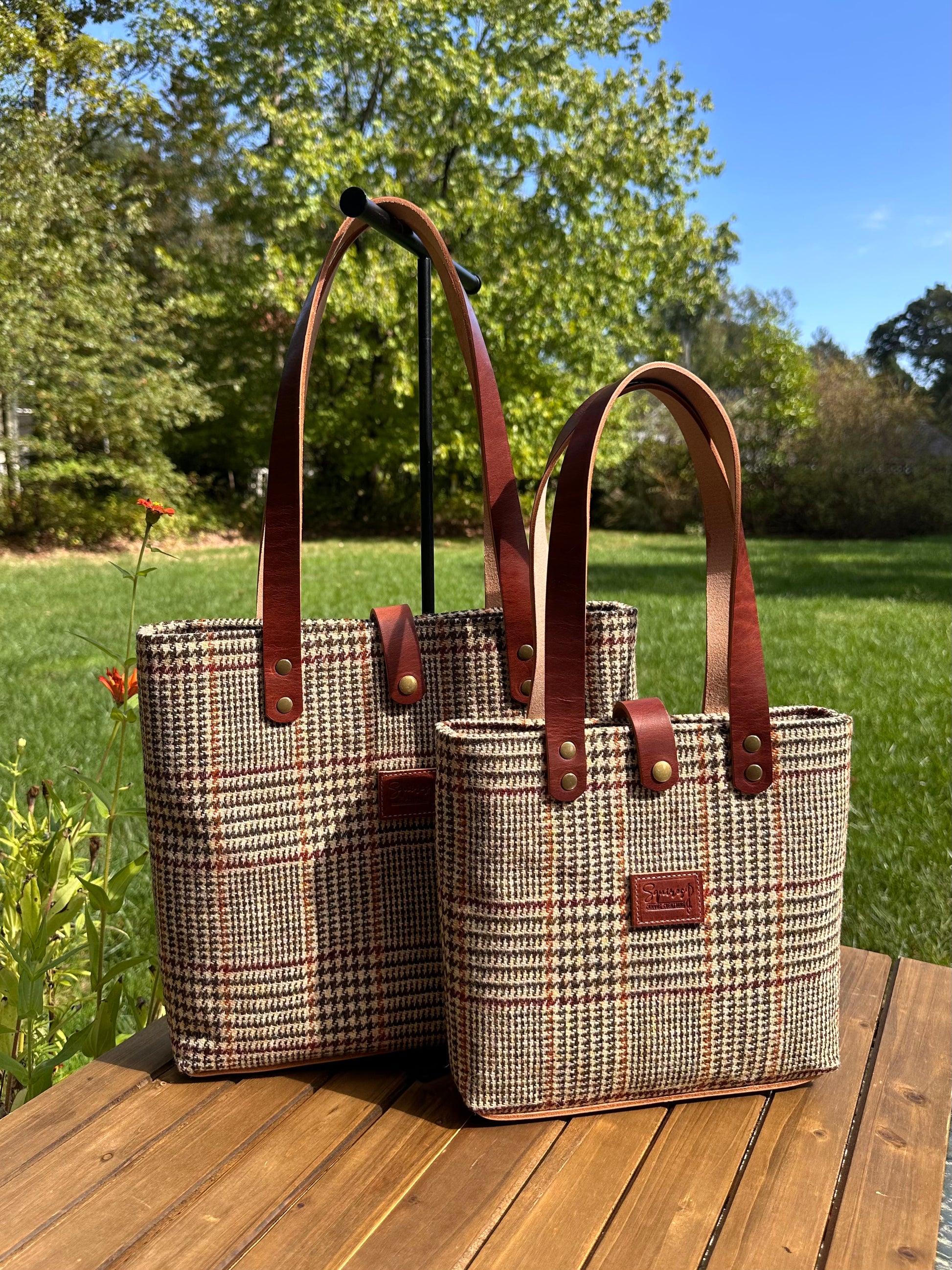 Harris Tweed® Tote Brown and Beige Glen Check Plaid Harris Tweed® with Dublin Olde English Leather and Antique Brass Hardware SquiresCanvasCreations.com