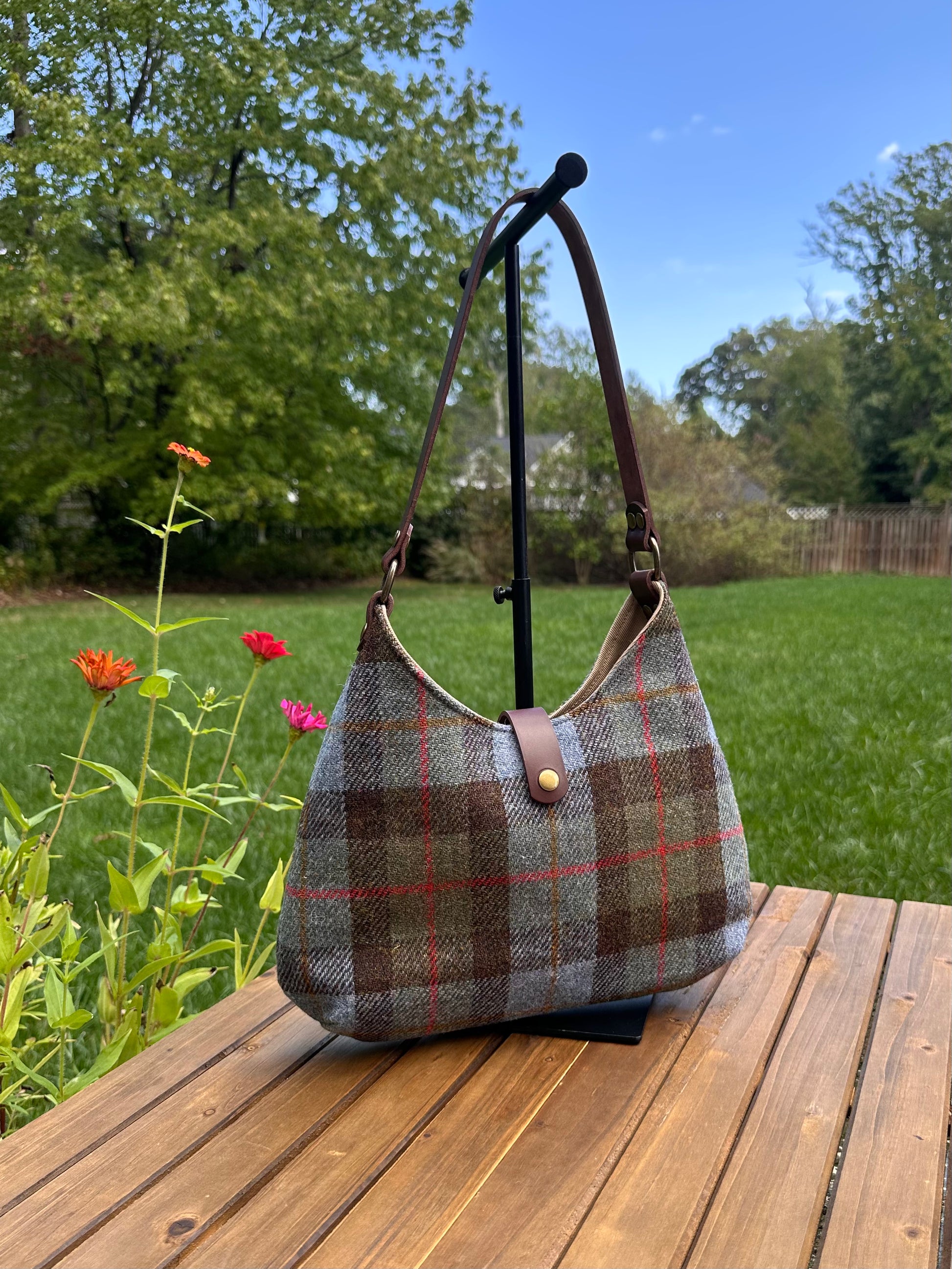 Macleod Tartan Harris Tweed® Rhode River Shoulder Bag with Dark Brown Italian Leather and Antique Brass Hardware Handcrafted in Maryland