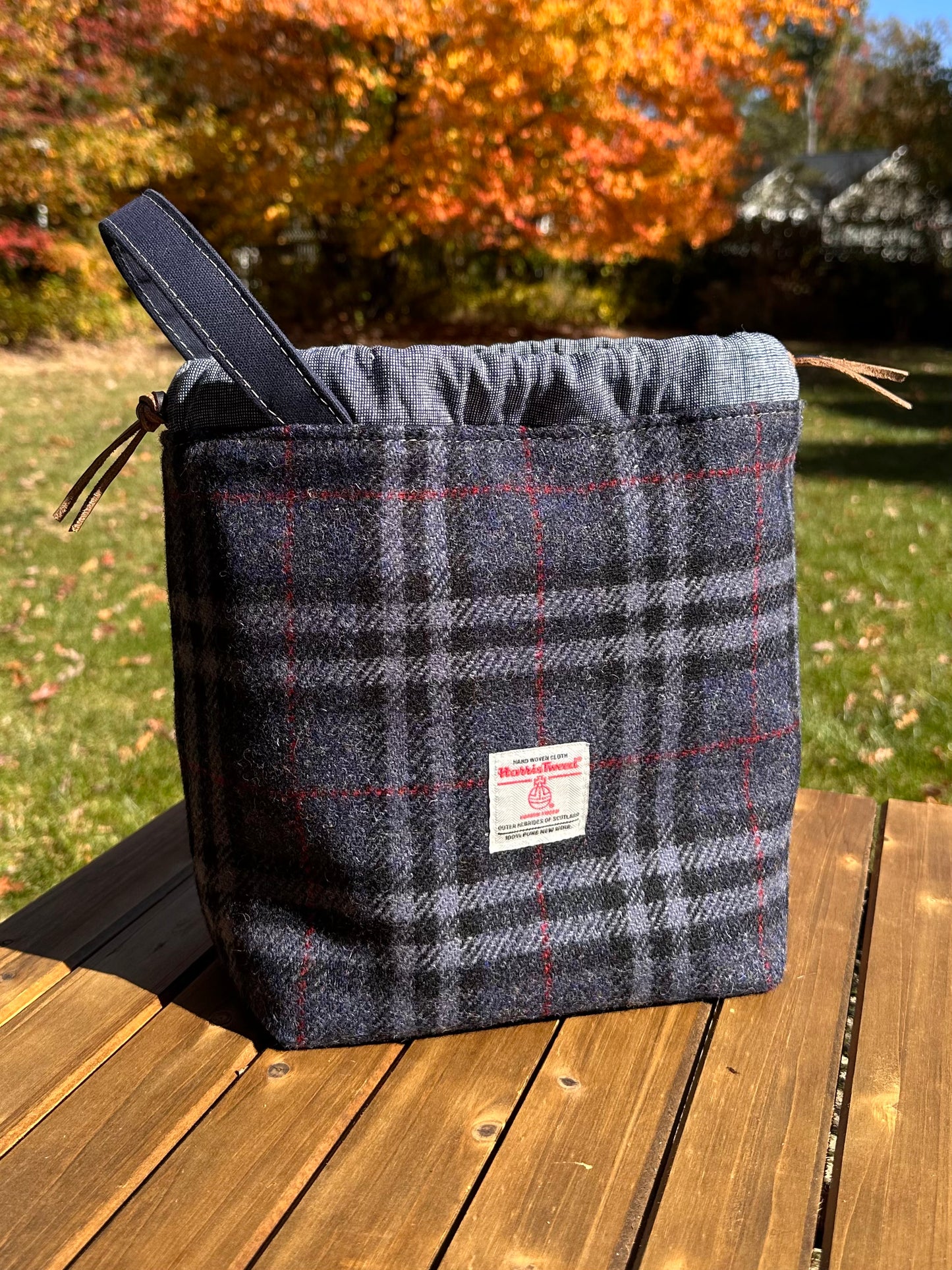 Navy Black and Red Overcheck Harris Tweed® Highland Maker Bag SquiresCanvasCreations.com