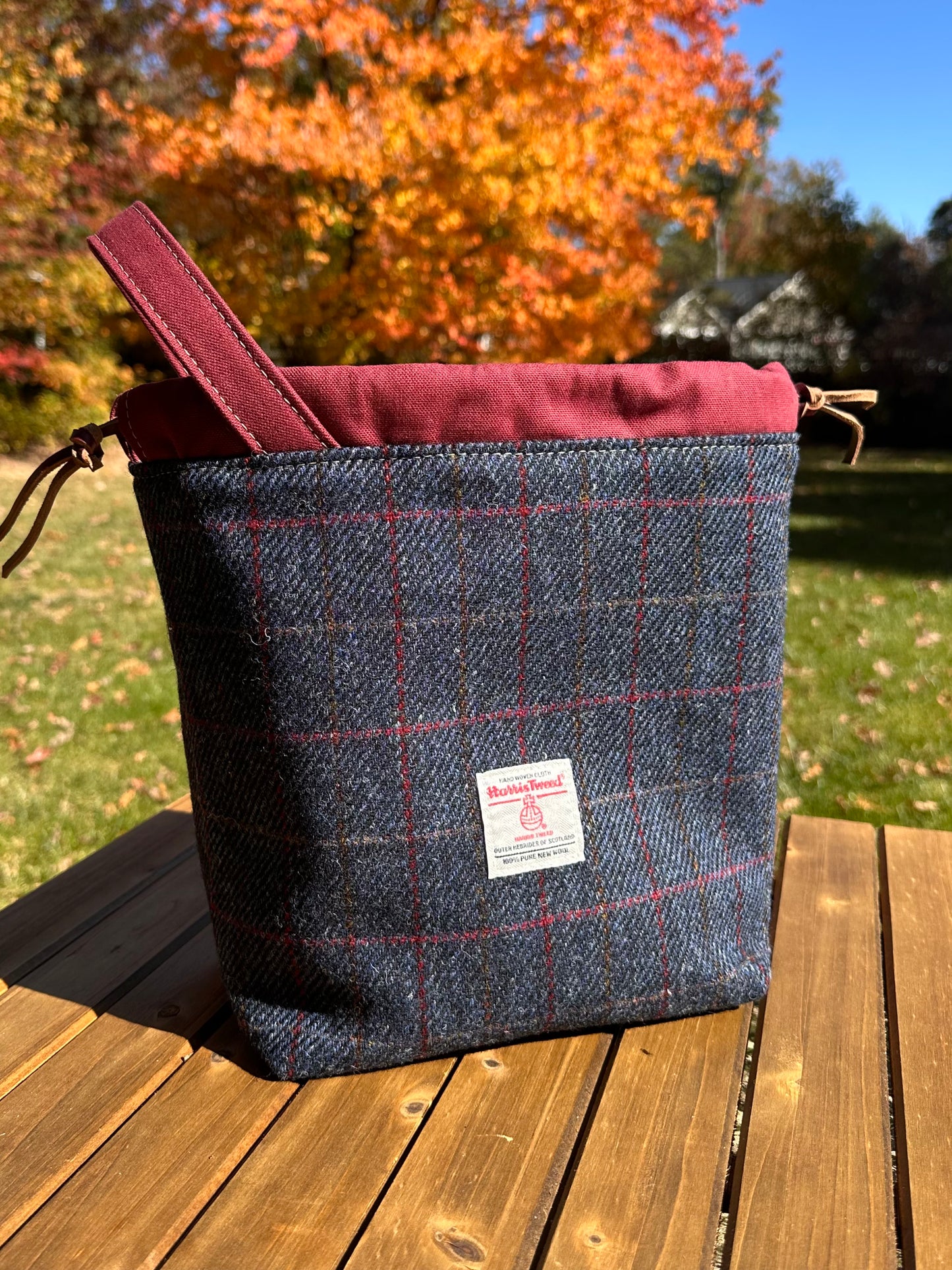 Dark Blue Twill with Red Overcheck Harris Tweed® Highland Maker Bag SquiresCanvasCreations.com