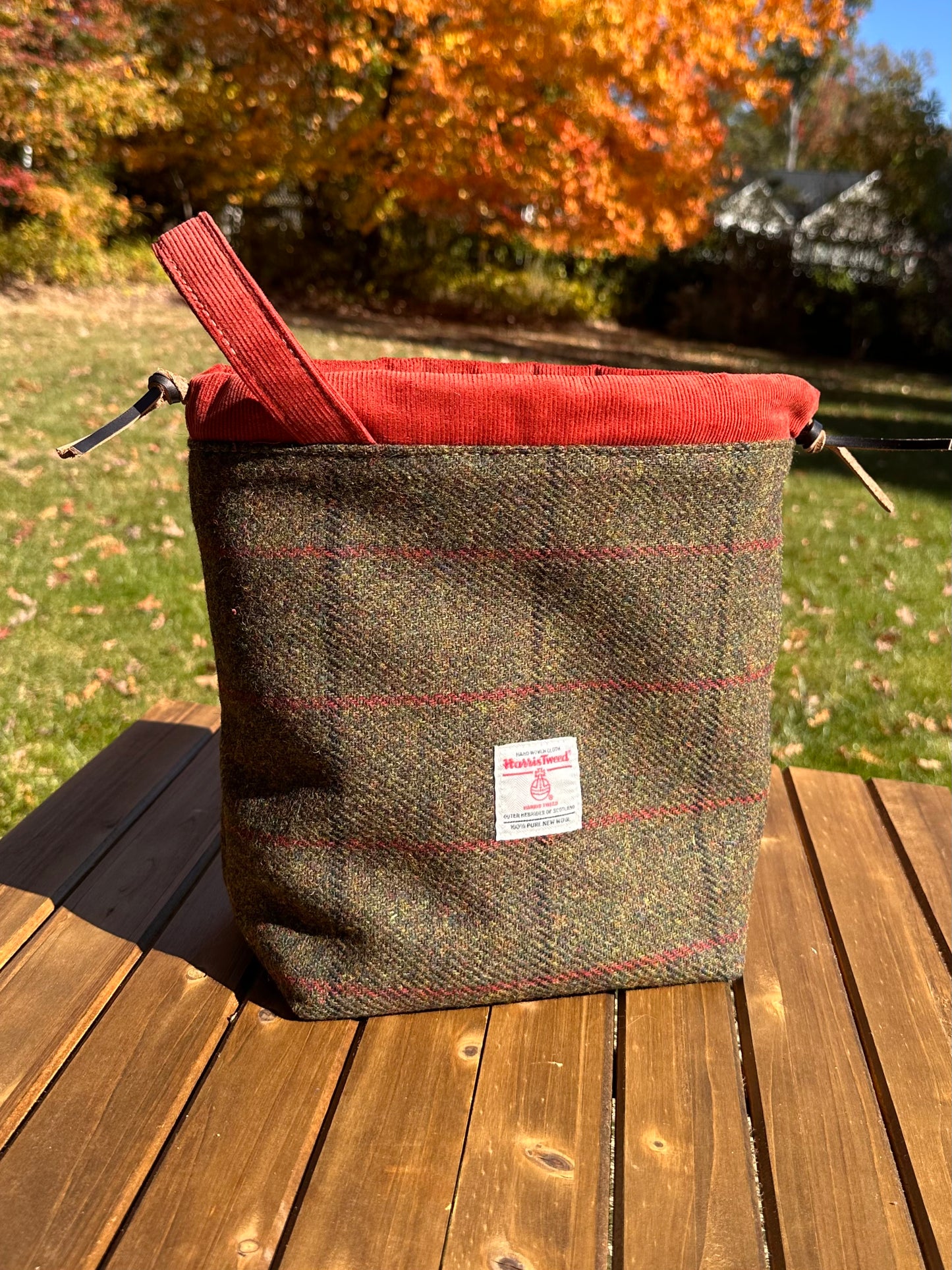 Green Twill with Black and Red Overchecks Harris Tweed® Highland Maker Bag SquiresCanvasCreations.com