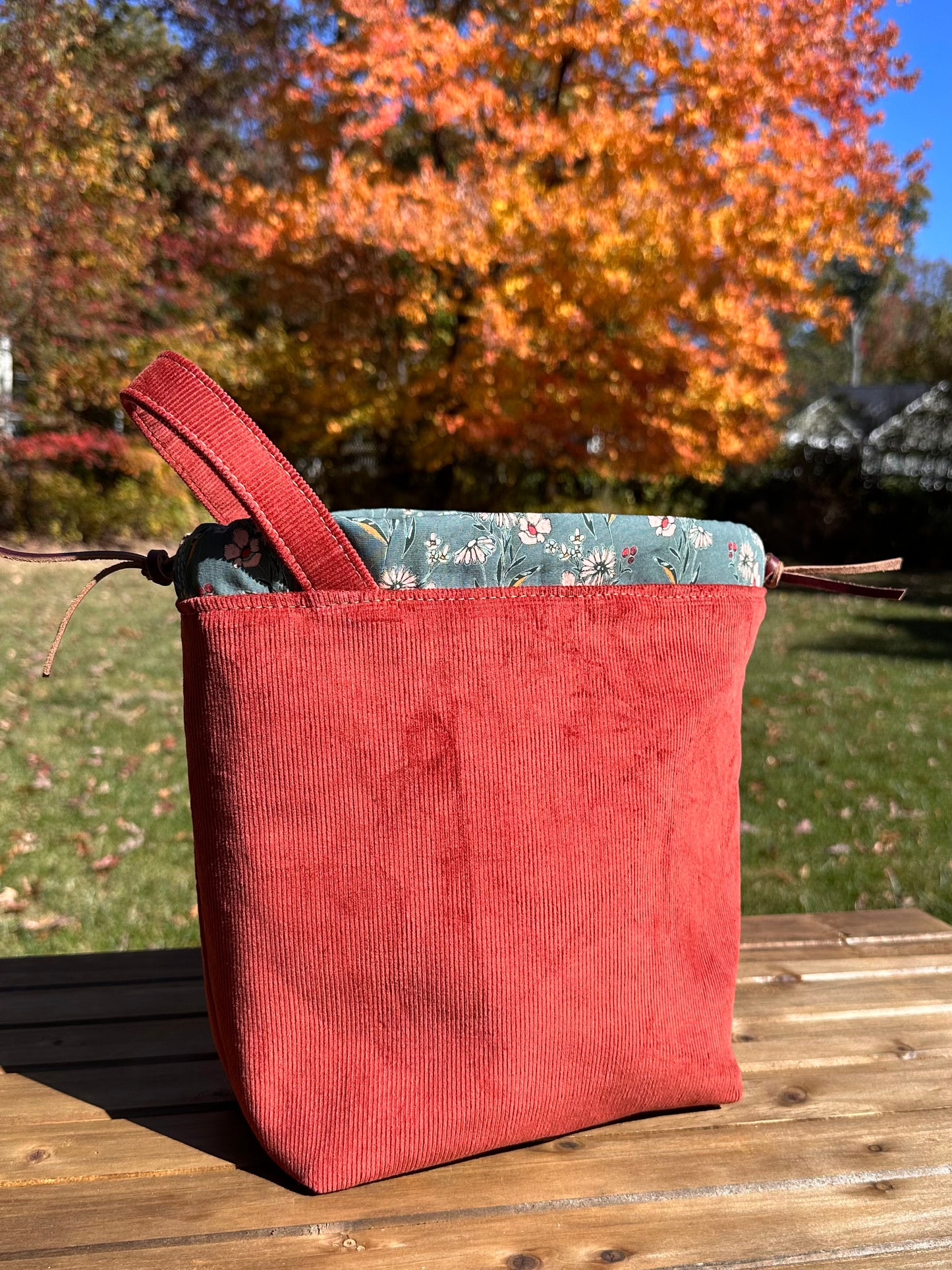 The Maker's Bag Rust Corduroy with Green Floral Canvas SquiresCanvasCreations.com