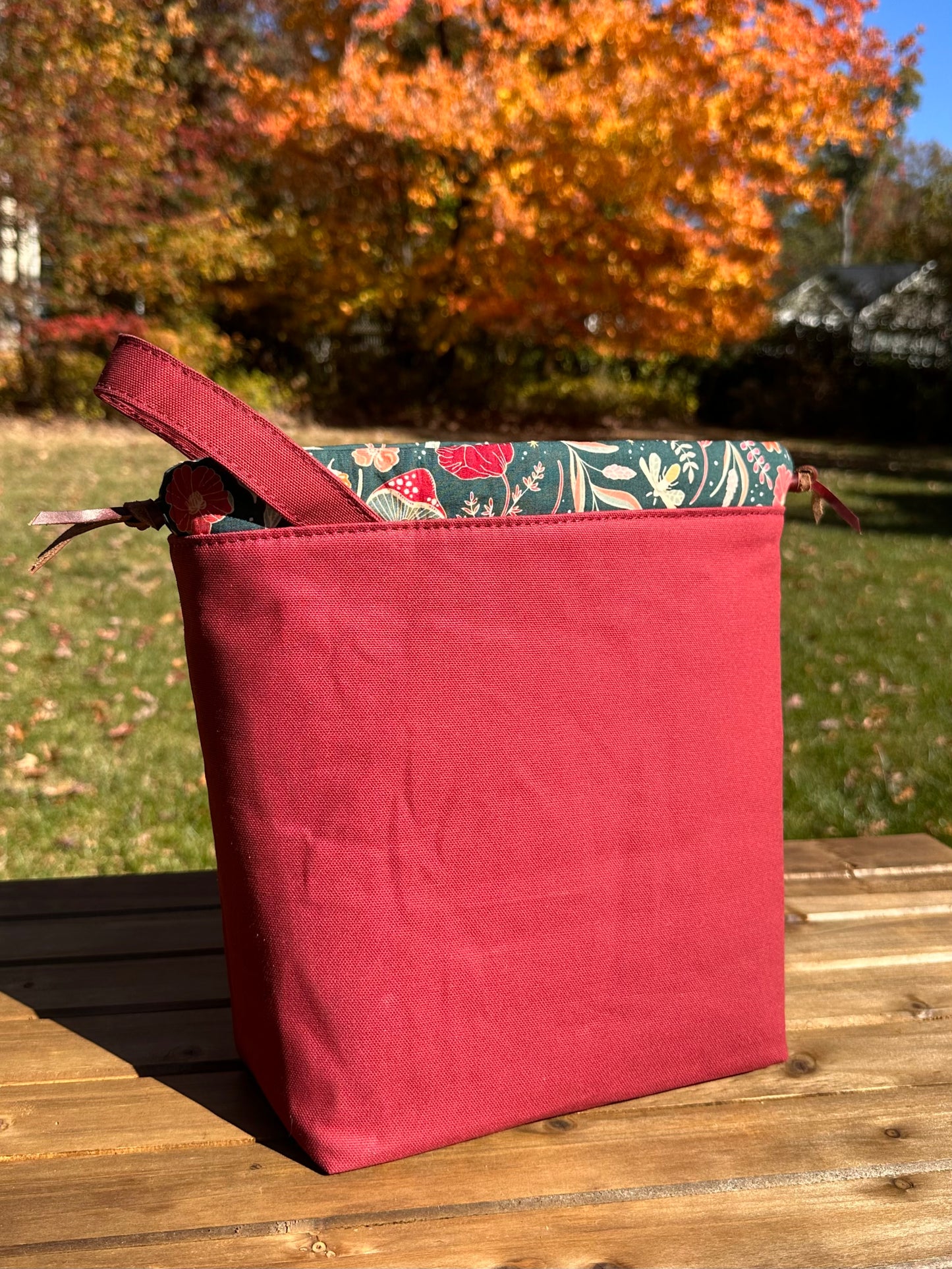 The Maker's Bag Burgundy Canvas with Mushroom and Floral Canvas SquiresCanvasCreations.com