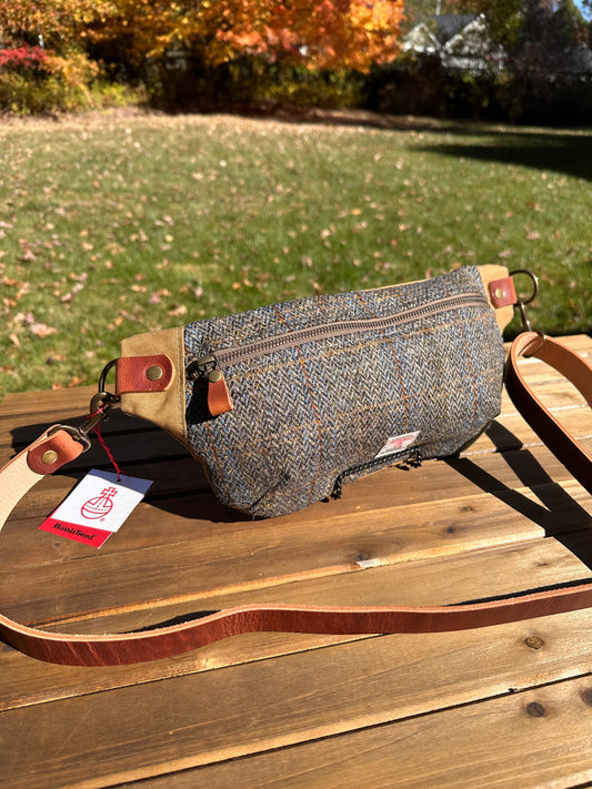 Blue and Green Herringbone with a Rust Overcheck Harris Tweed® Dark Brown Leather Strap Antique Brass Hardware Harris Tweed® Spinnaker Sling Bag squirescanvascreations.com
