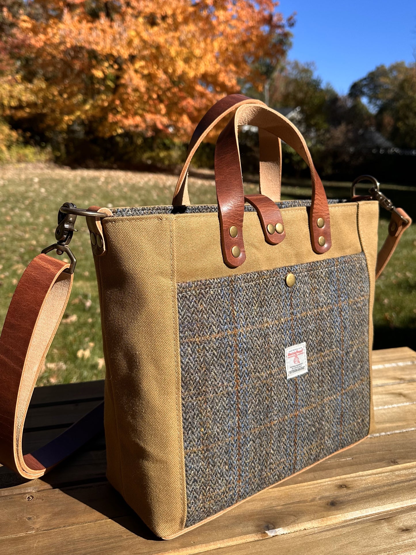 Harris Tweed® Green & Blue Herringbone with Tan Halley Stevensons 18oz Hybrid Waxed Canvas with Splenda Leather Strap SquiresCanvasCreations.com