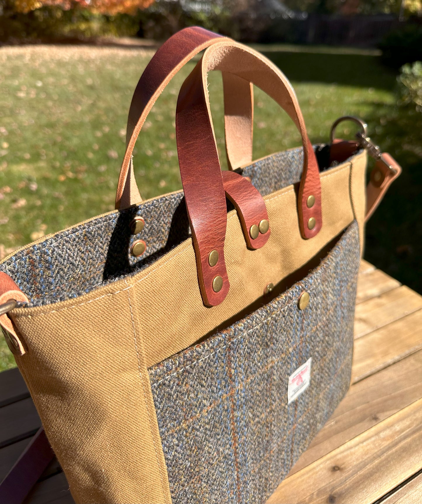 Harris Tweed® Green & Blue Herringbone with Halley Stevensons Tan 18oz Hybrid Waxed Canvas with Splenda Leather Strap SquiresCanvasCreations.com