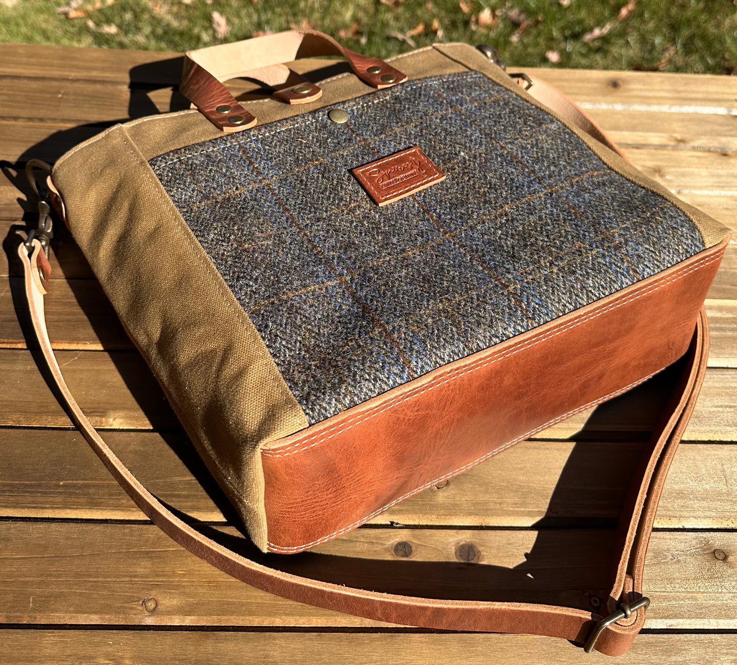 Harris Tweed® Green & Blue Herringbone with Tan Halley Stevensons 18oz Hybrid Waxed Canvas with Splenda Leather Strap SquiresCanvasCreations.com