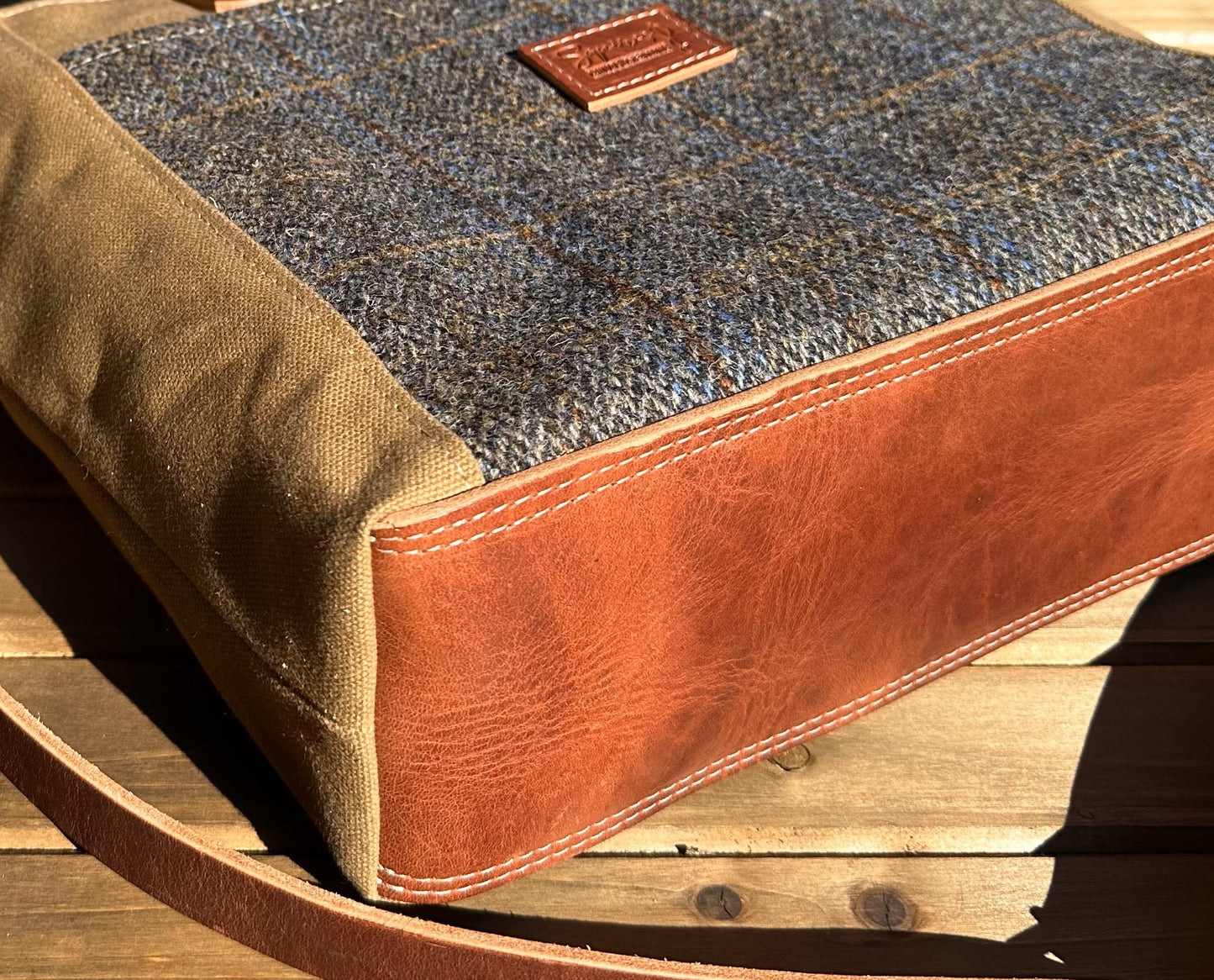 Harris Tweed® Green & Blue Herringbone with Tan Halley Stevensons 18oz Hybrid Waxed Canvas with Splenda Leather Strap SquiresCanvasCreations.com