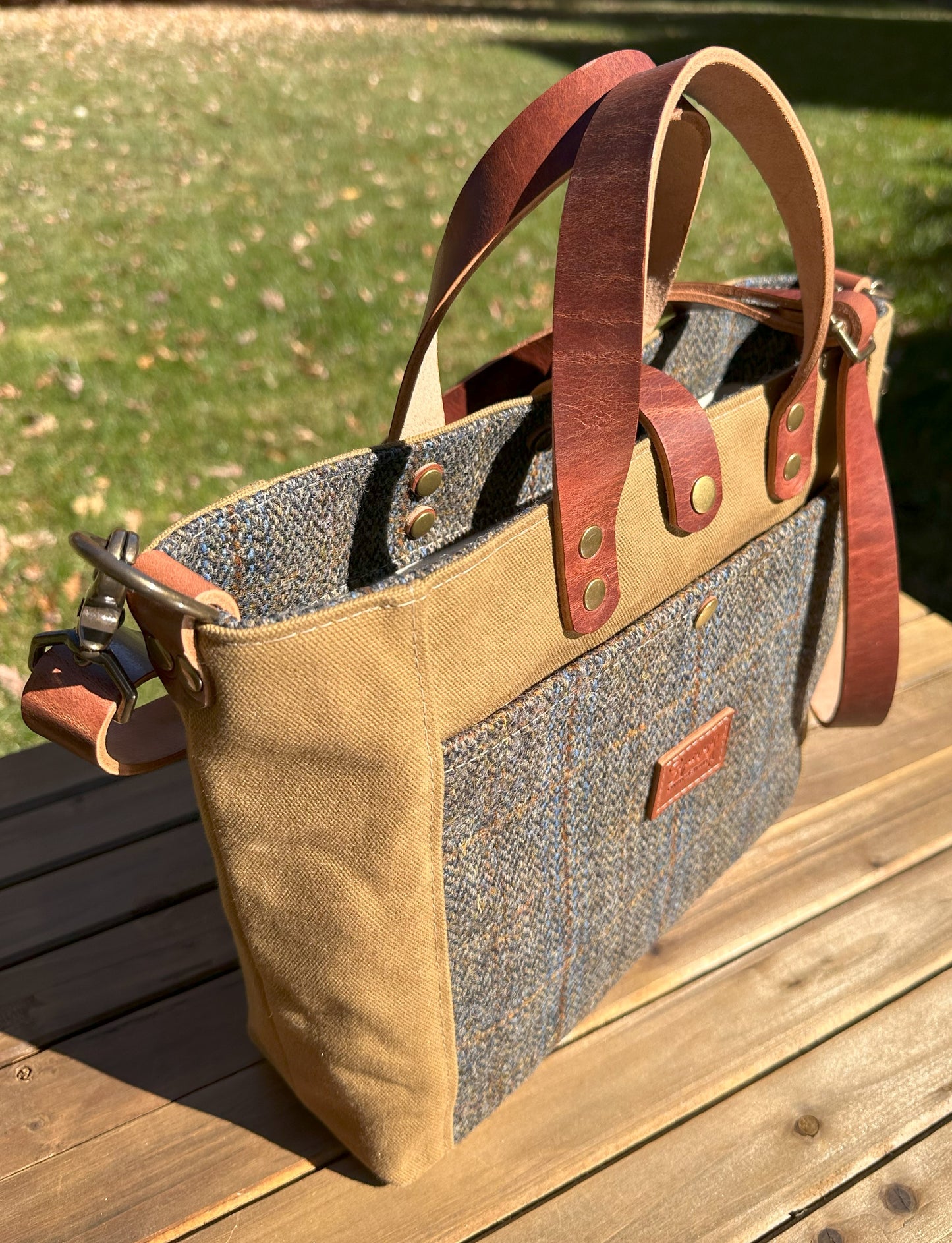 Harris Tweed® Green & Blue Herringbone with Tan Halley Stevensons 18oz Hybrid Waxed Canvas with Splenda Leather Strap SquiresCanvasCreations.com