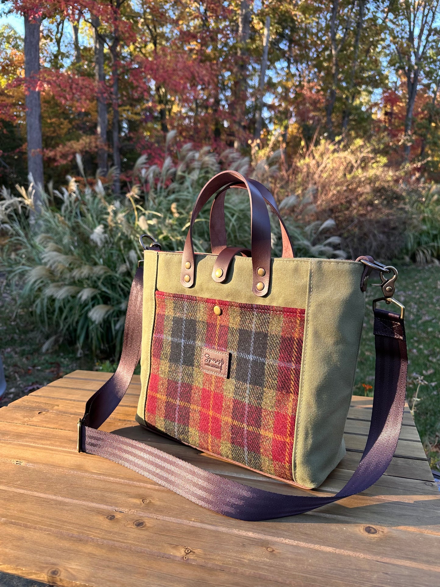Harris Tweed® Green Red & Black Tartan with Fieldbean Halley Stevensons 18oz Hybrid Waxed Canvas with Seatbelt Strap SquiresCanvasCreations.com