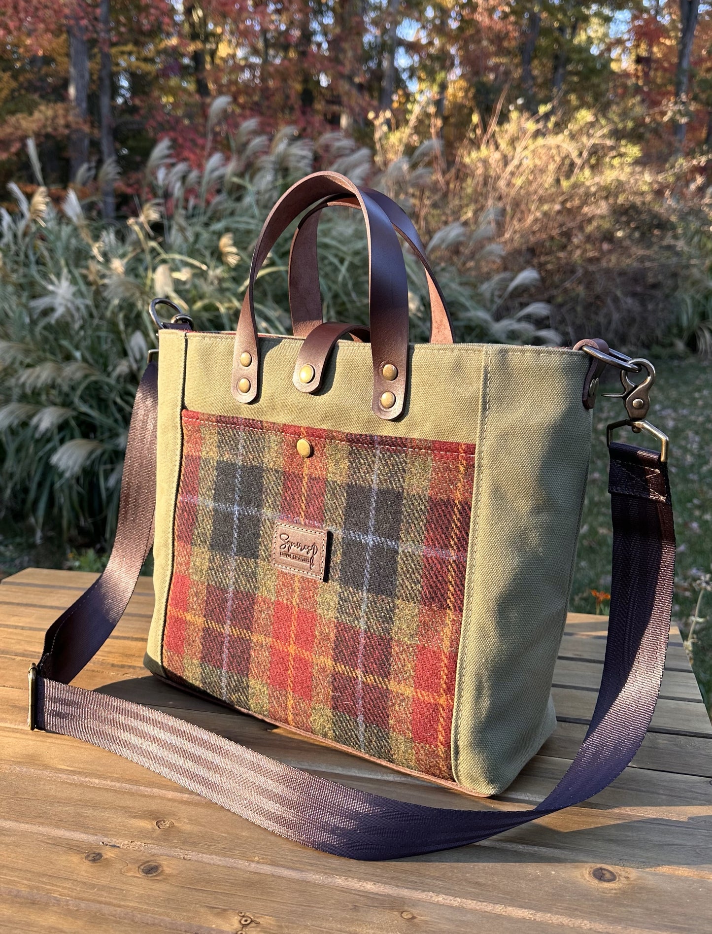 Harris Tweed® Green Red & Black Tartan with Fieldbean Halley Stevensons 18oz Hybrid Waxed Canvas with Seatbelt Strap SquiresCanvasCreations.com