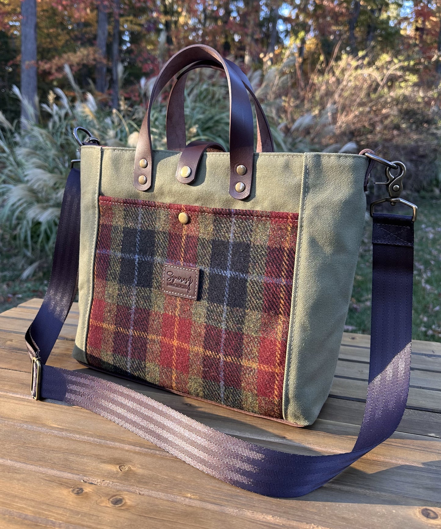 Harris Tweed® Green Red & Black Tartan with Fieldbean Halley Stevensons 18oz Hybrid Waxed Canvas with Seatbelt Strap SquiresCanvasCreations.com