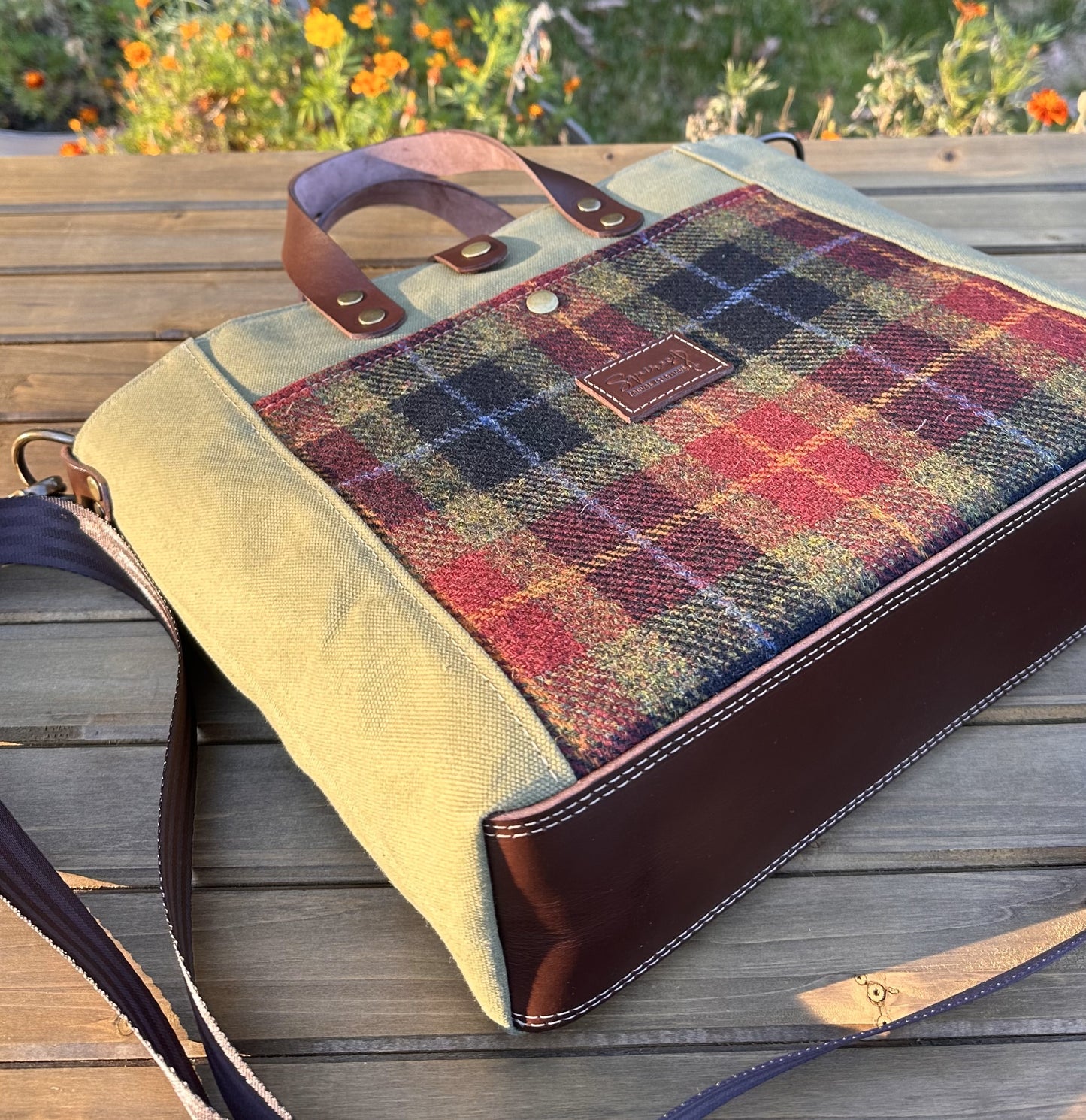 Harris Tweed® Green Red & Black Tartan with Fieldbean Halley Stevensons 18oz Hybrid Waxed Canvas with Seatbelt Strap SquiresCanvasCreations.com