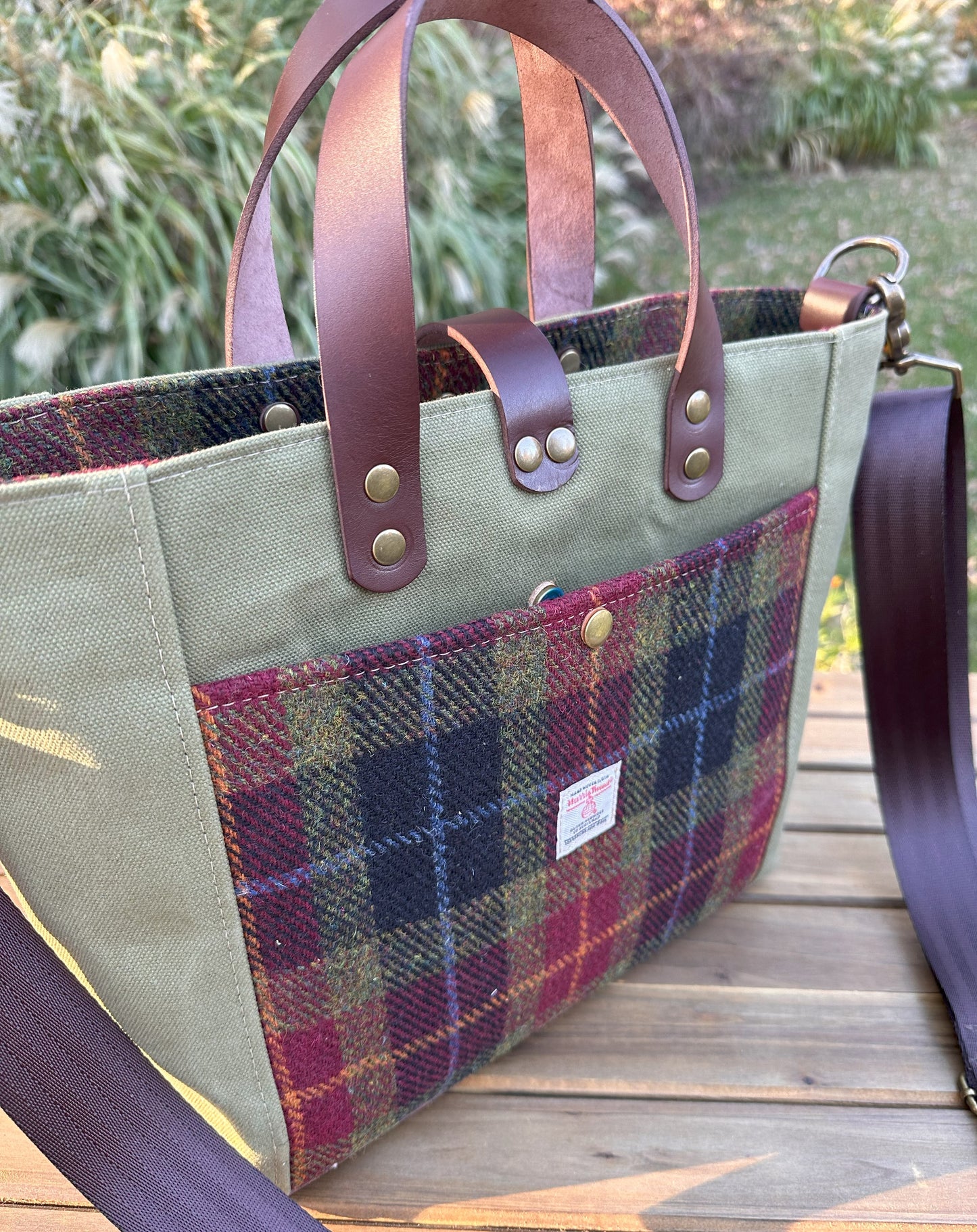 Harris Tweed® Green Red & Black Tartan with Fieldbean Halley Stevensons 18oz Hybrid Waxed Canvas with Seatbelt Strap SquiresCanvasCreations.com