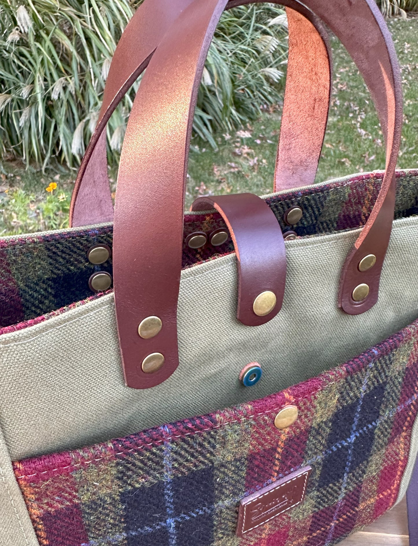 Harris Tweed® Green Red & Black Tartan with Fieldbean Halley Stevensons 18oz Hybrid Waxed Canvas with Seatbelt Strap SquiresCanvasCreations.com
