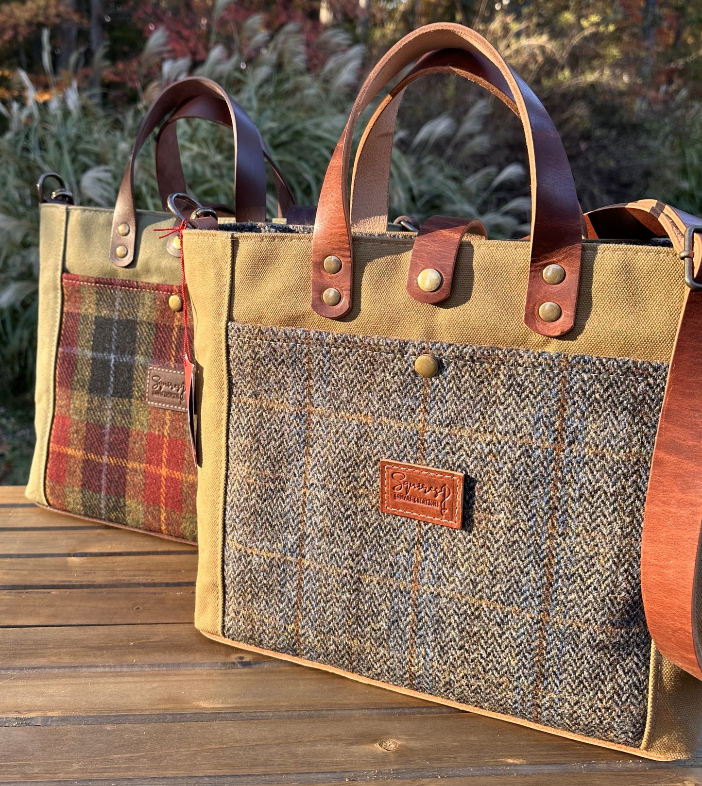 Harris Tweed® Oxford Tote Harris Tweed® and Halley Stevensons Hybrid Waxed Canvas with Seatbelt Strap SquiresCanvasCreations.com