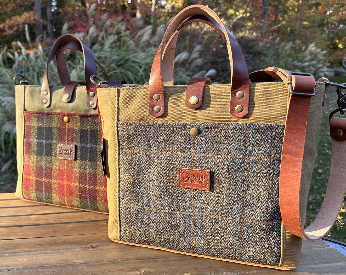 Harris Tweed® Oxford Tote Harris Tweed® and Halley Stevensons Hybrid Waxed Canvas with Seatbelt Strap SquiresCanvasCreations.com