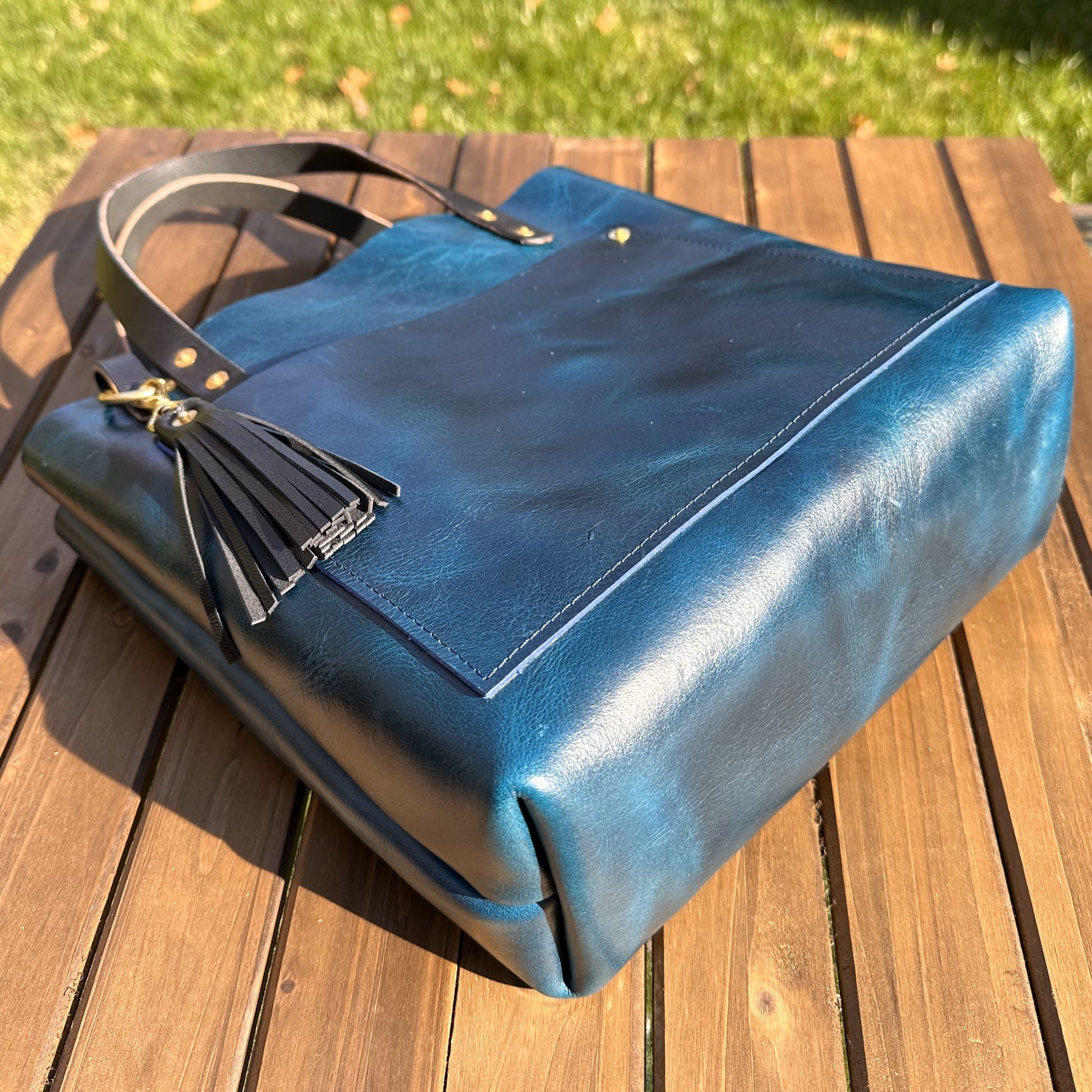 Leather West Street Tote Western Crunch Blue with Black Bridal Leather Handles and Solid Brass Hardware and Tassel SquiresCanvasCreations.com